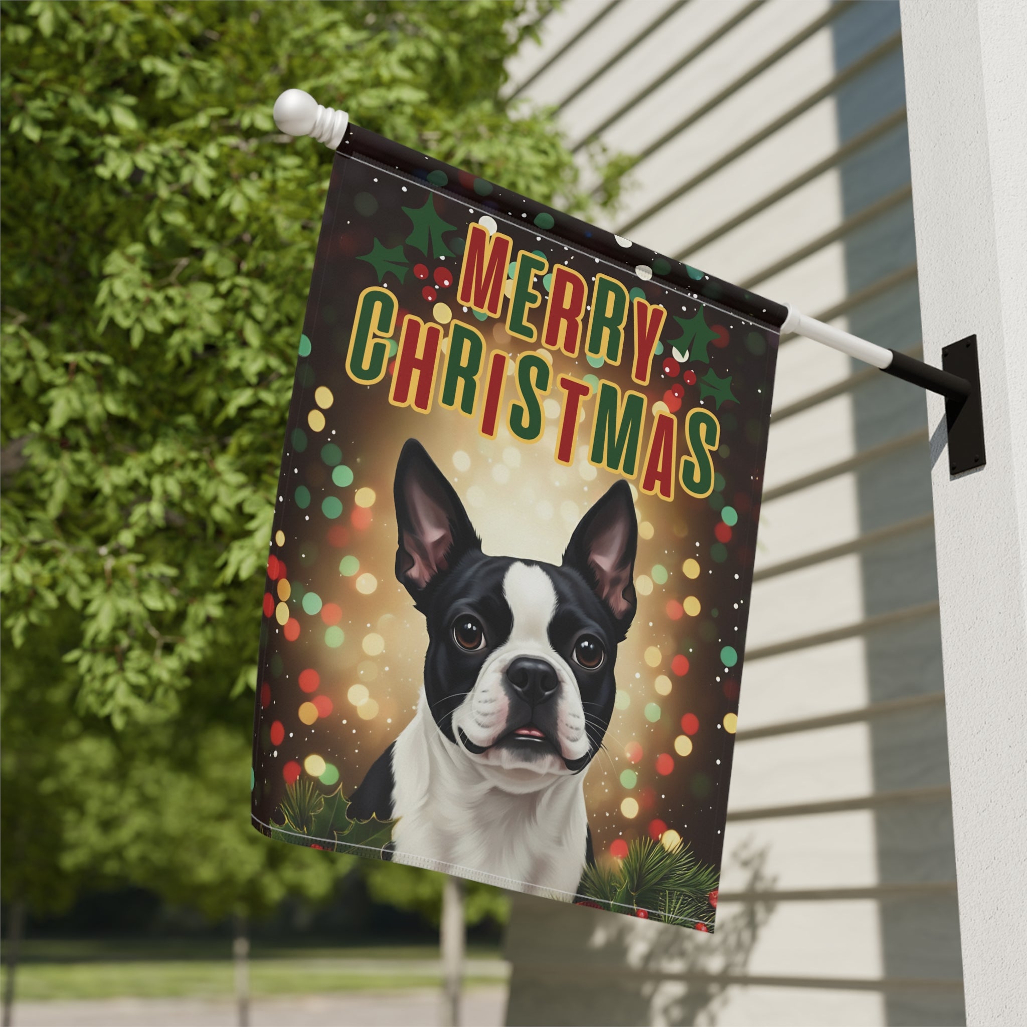 Christmas Boston Terrier Garden Flag - close-up detail - Dragonfire Gardens