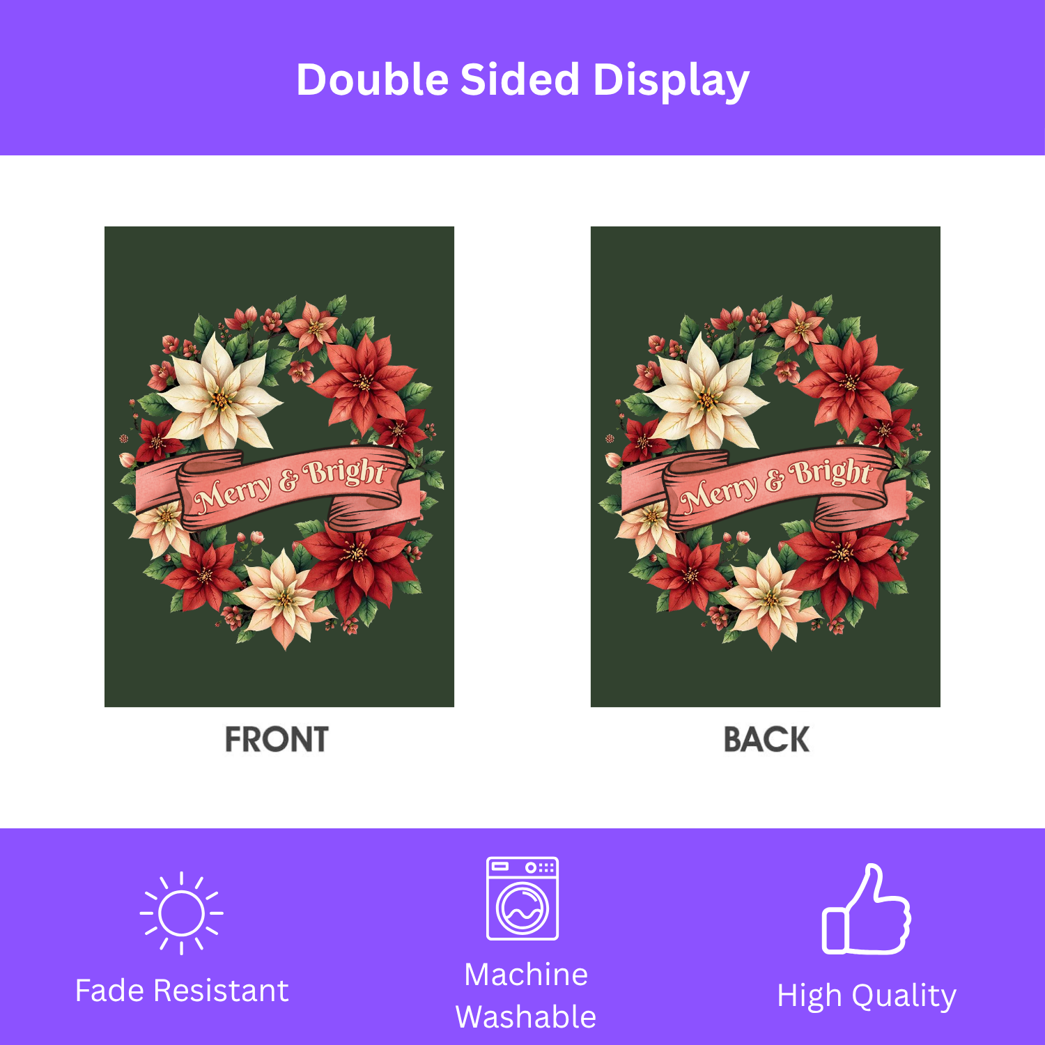 Merry & Bright Poinsettia Wreath Garden Flag - double-sided design - Dragonfire Gardens