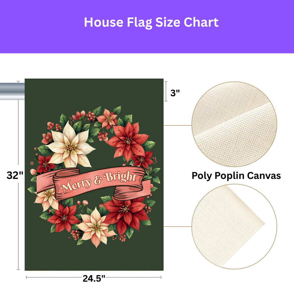 Merry & Bright Poinsettia Wreath Garden Flag - yard display - Dragonfire Gardens