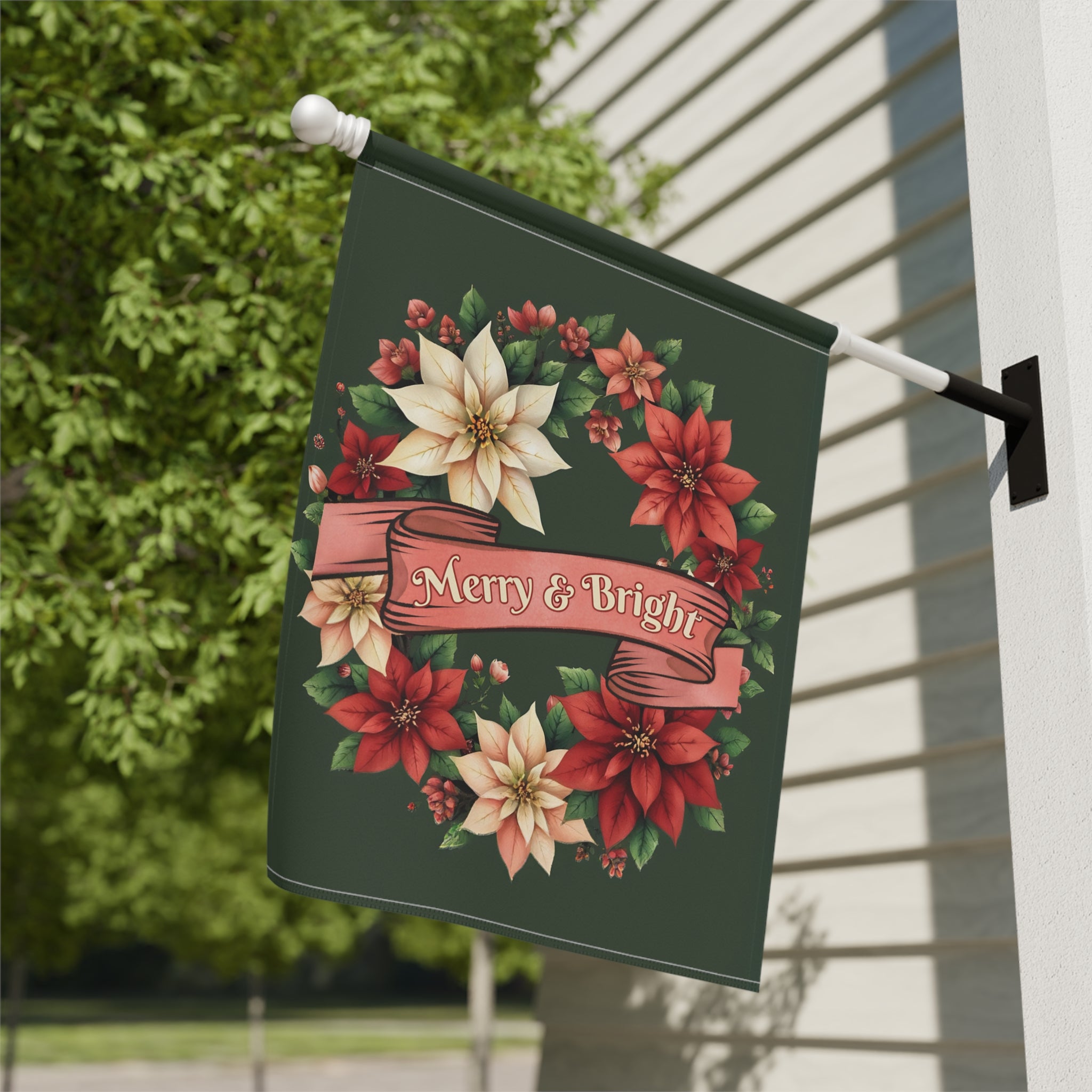 Merry & Bright Poinsettia Wreath Garden Flag - close-up detail - Dragonfire Gardens