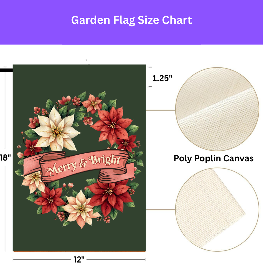 Merry & Bright Poinsettia Wreath Garden Flag - porch decor - Dragonfire Gardens