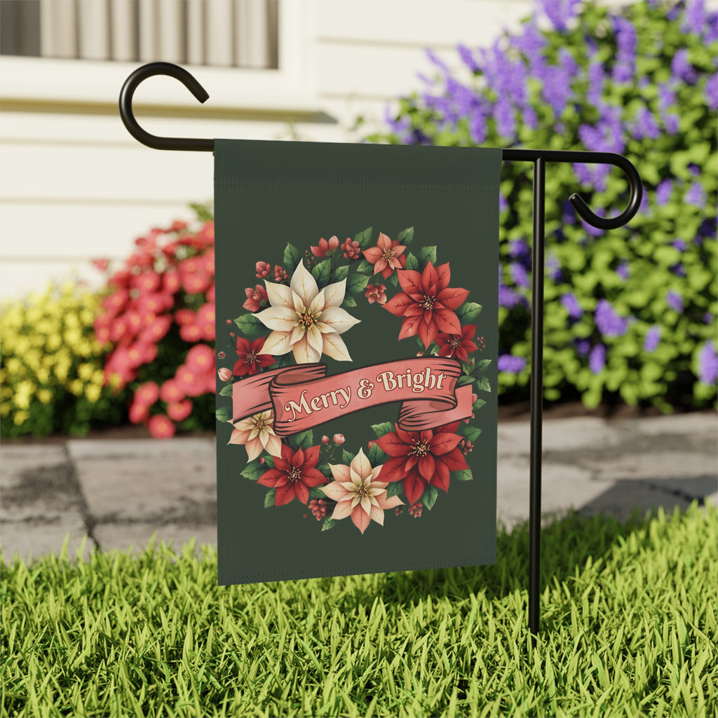Merry & Bright Poinsettia Wreath Garden Flag - outdoor display - Dragonfire Gardens