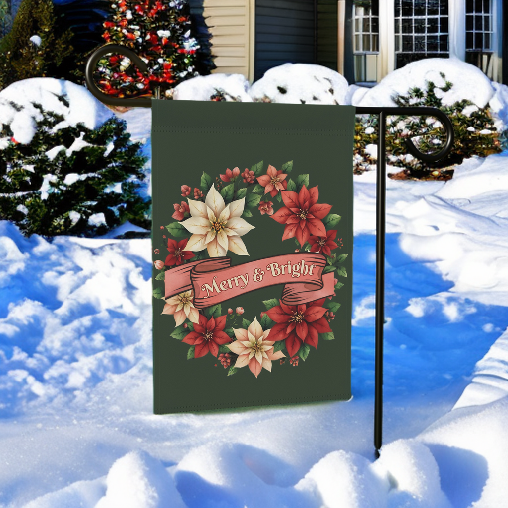 Merry & Bright Poinsettia Wreath Garden Flag - product detail - Dragonfire Gardens
