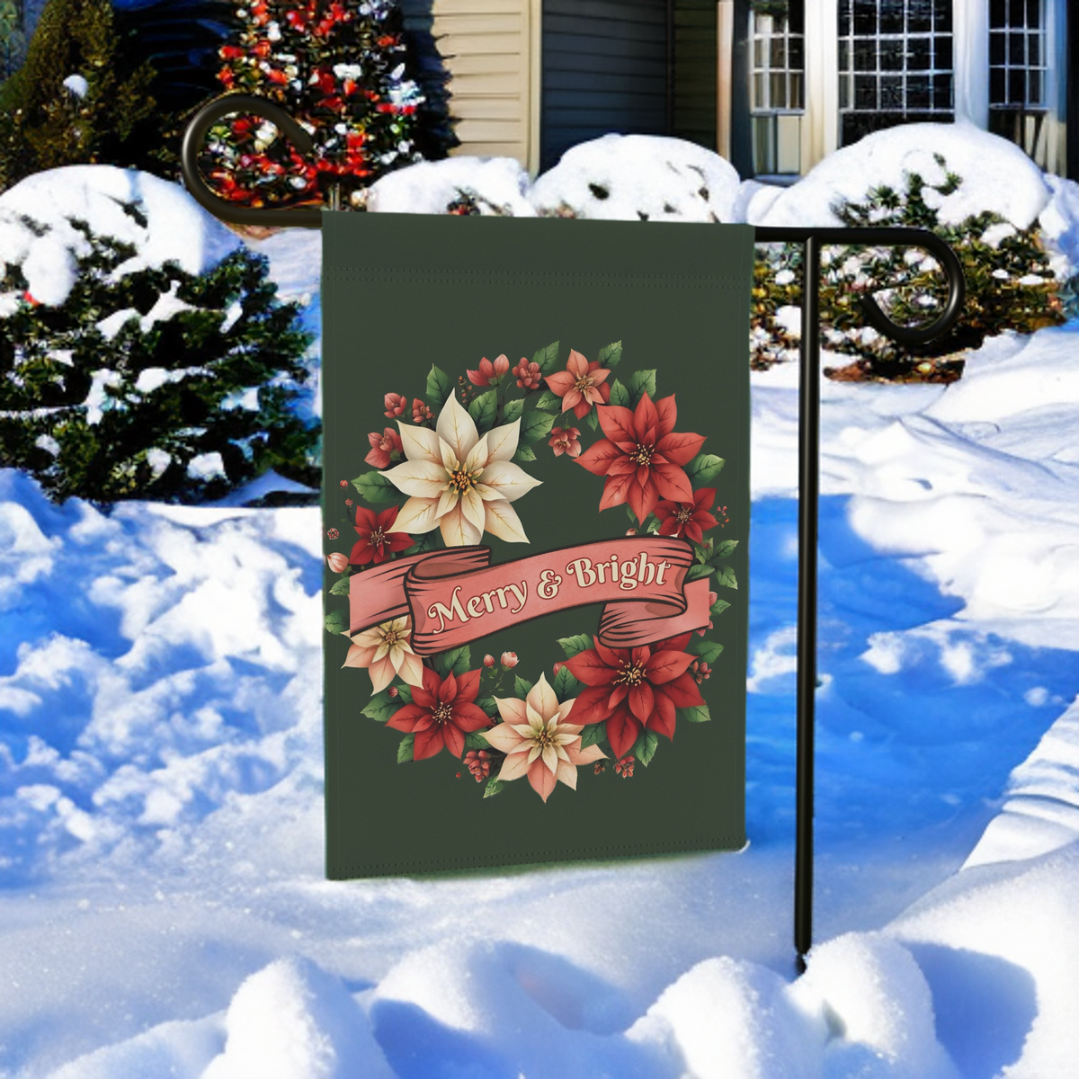 Merry & Bright Poinsettia Wreath Garden Flag - product detail - Dragonfire Gardens