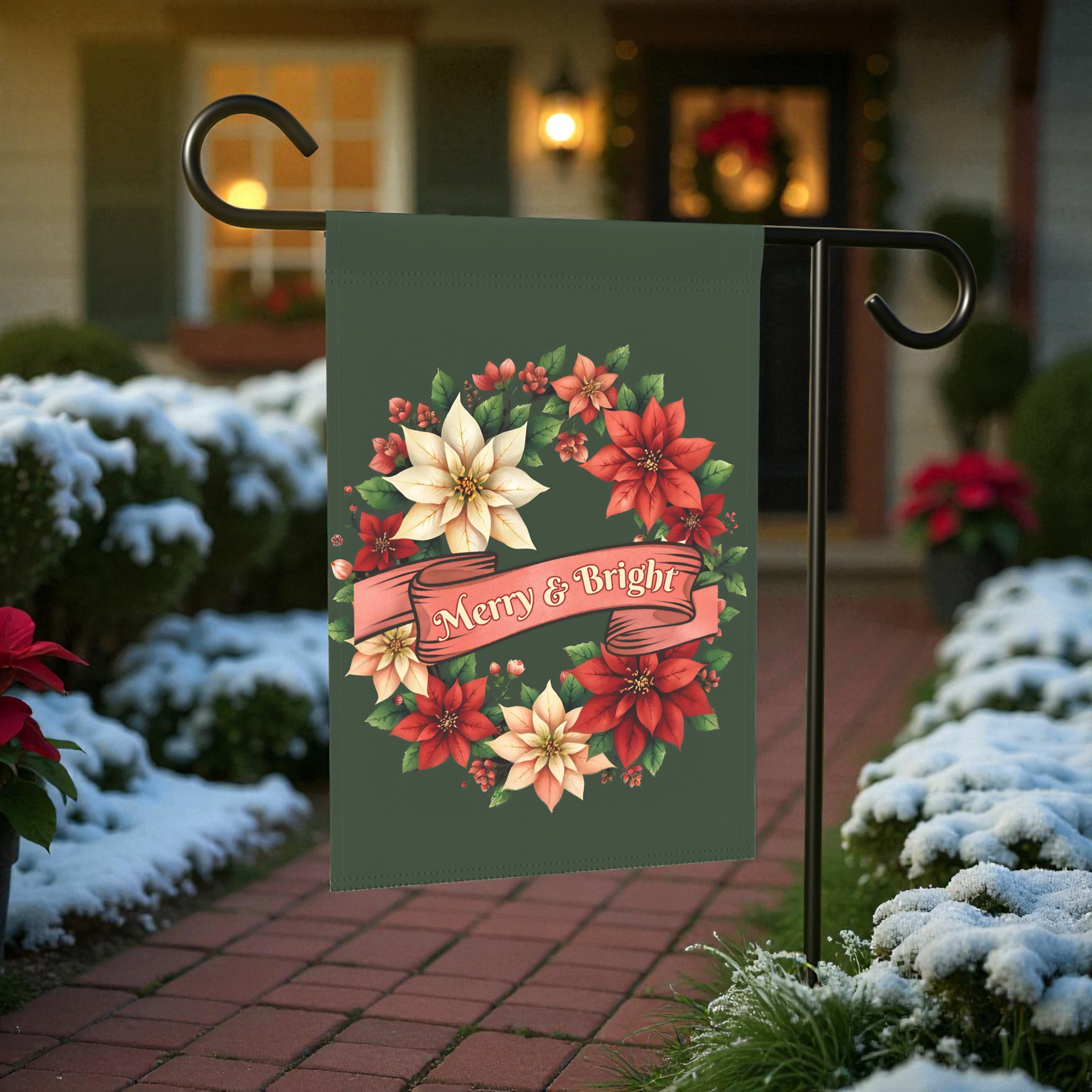 Merry & Bright Poinsettia Wreath Garden Flag - size comparison - Dragonfire Gardens