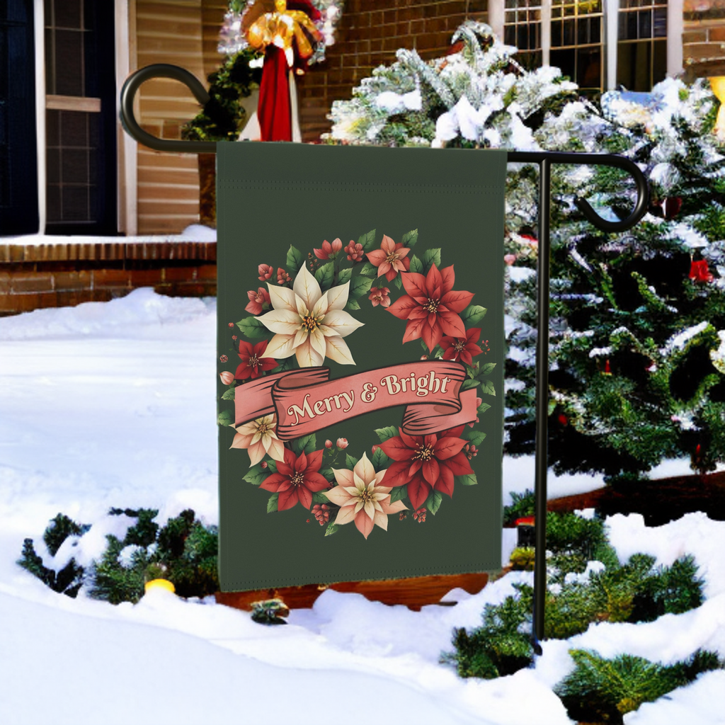 Merry & Bright Poinsettia Wreath Garden Flag - front view - Dragonfire Gardens