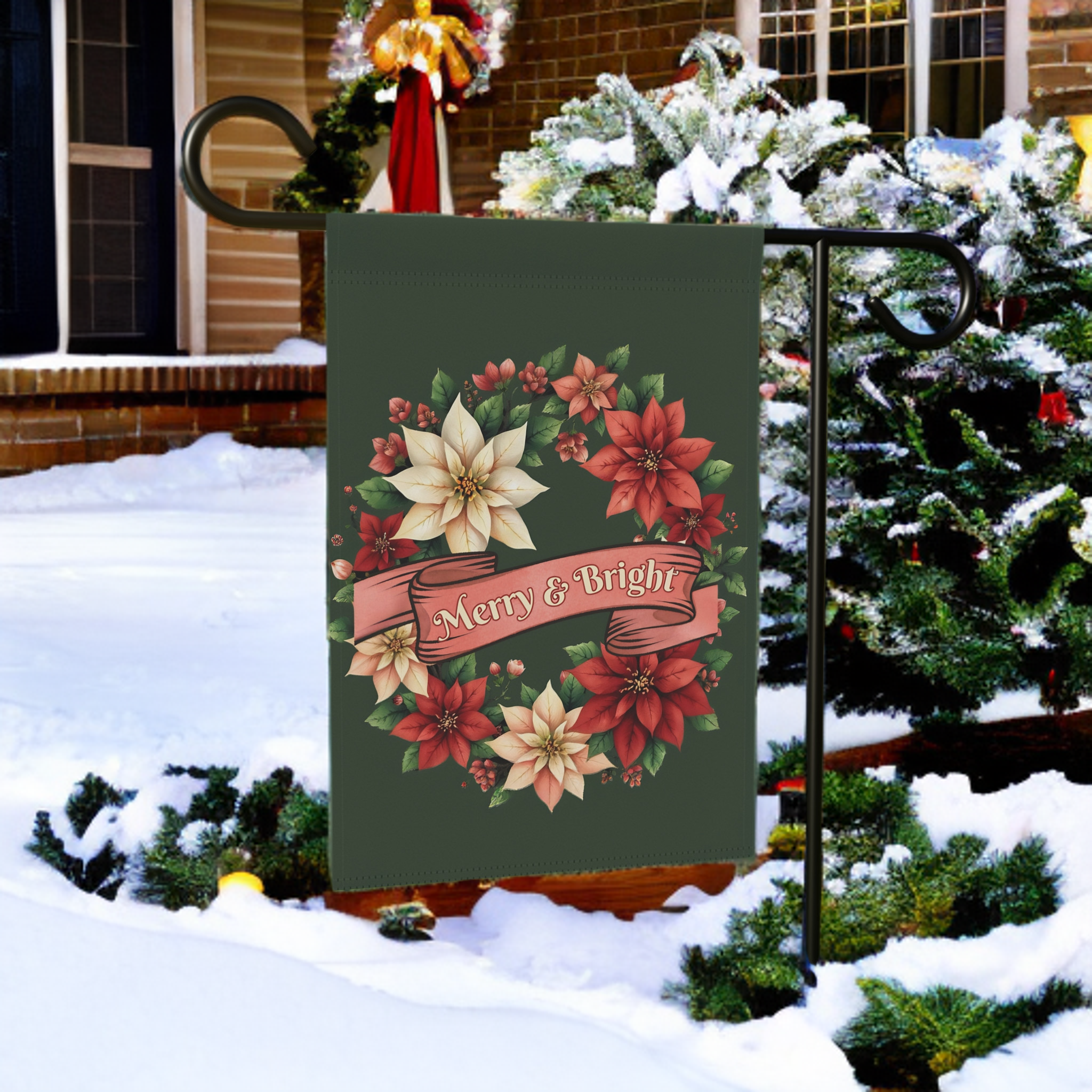 Merry & Bright Poinsettia Wreath Garden Flag - front view - Dragonfire Gardens