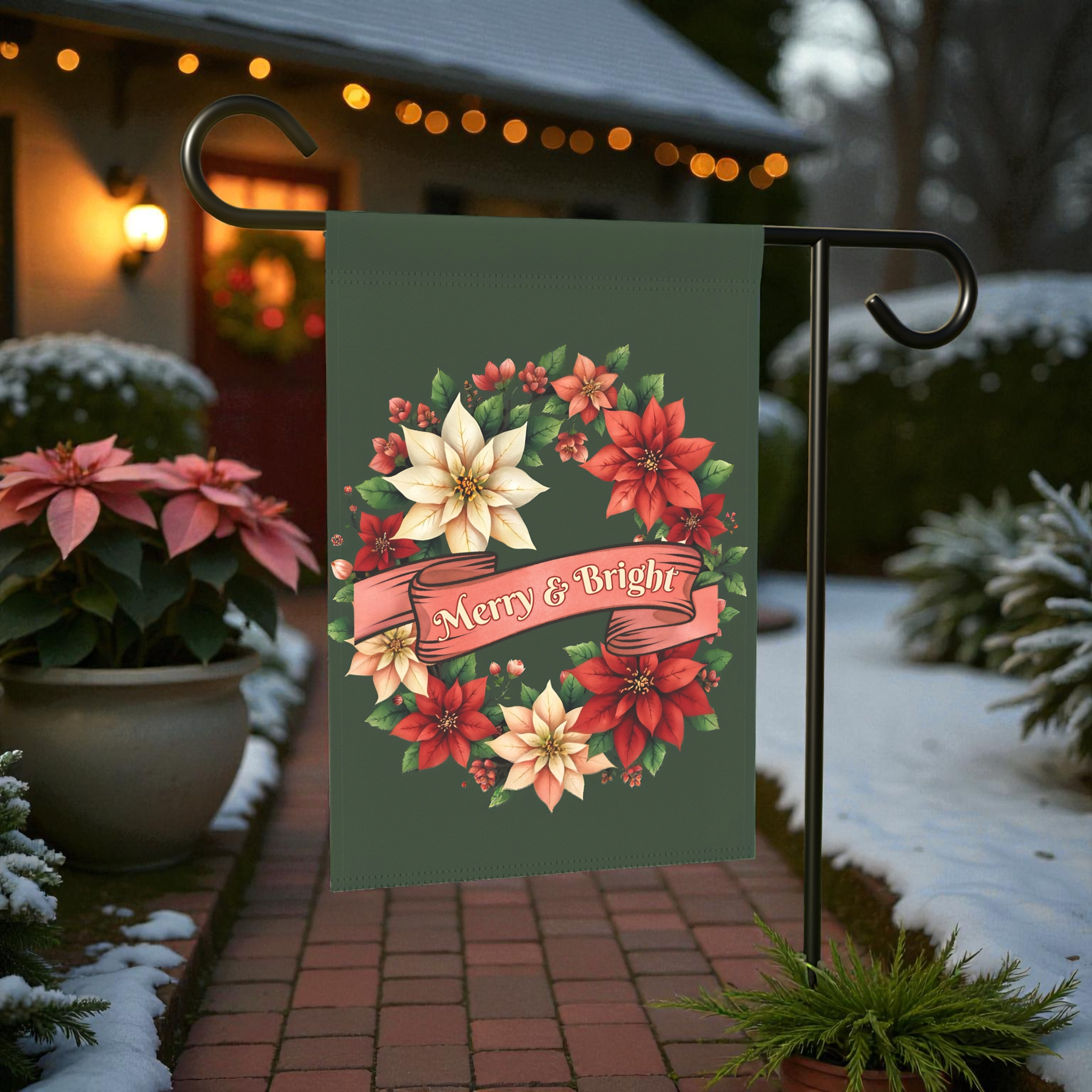 Merry & Bright Poinsettia Wreath Garden Flag - lifestyle display - Dragonfire Gardens