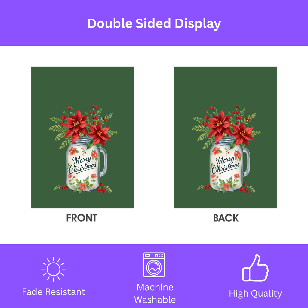 Merry Christmas Mason Jar Poinsettia Garden Flag - double-sided design - Dragonfire Gardens