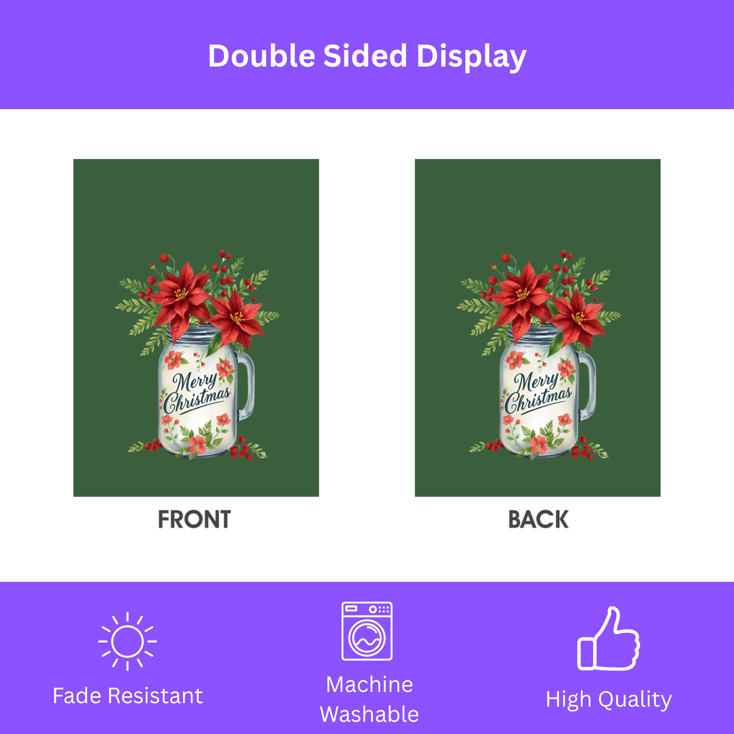 Merry Christmas Mason Jar Poinsettia Garden Flag - double-sided design - Dragonfire Gardens