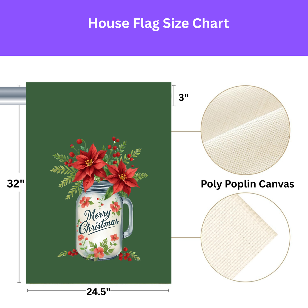 Merry Christmas Mason Jar Poinsettia Garden Flag - yard display - Dragonfire Gardens