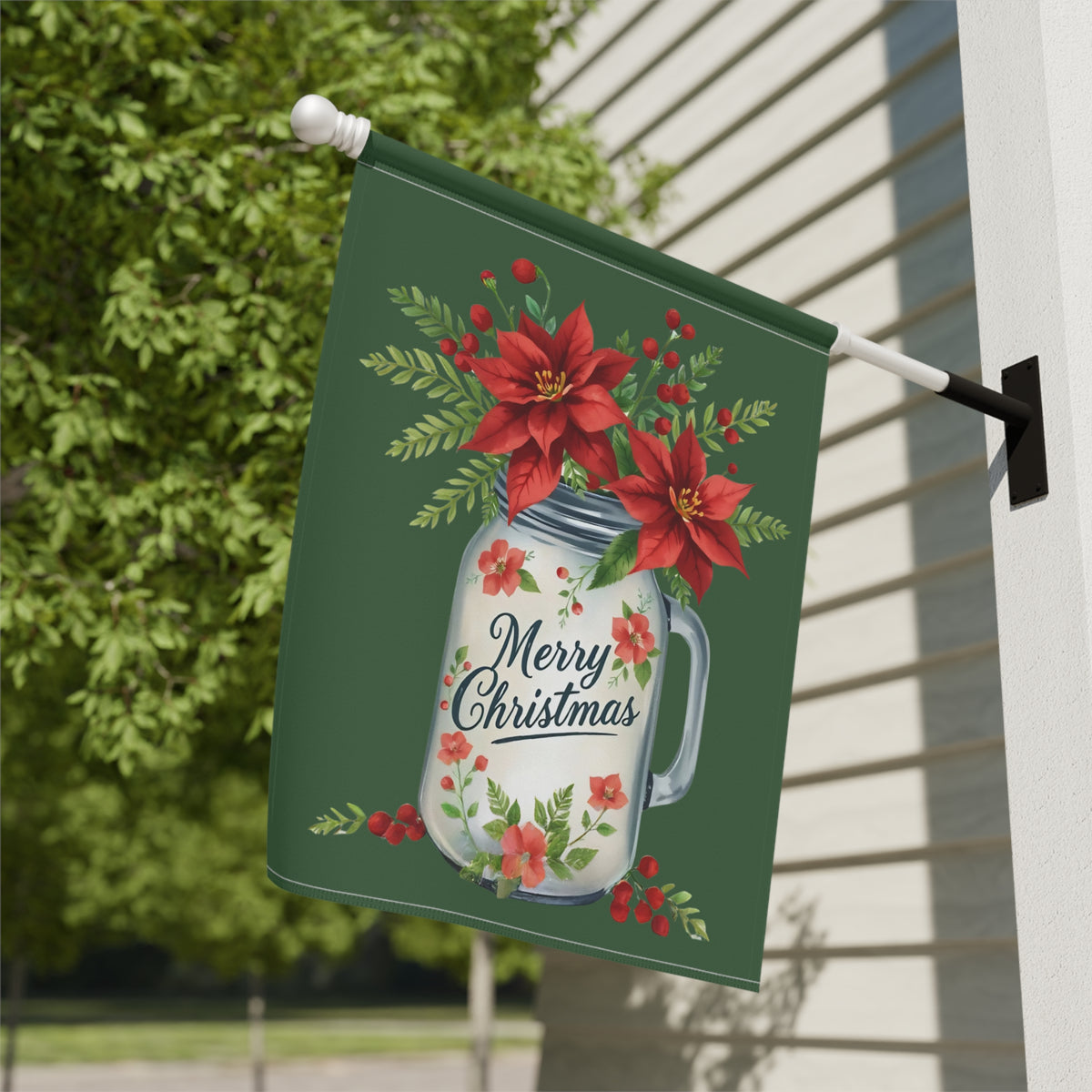 Merry Christmas Mason Jar Poinsettia Garden Flag - close-up detail - Dragonfire Gardens