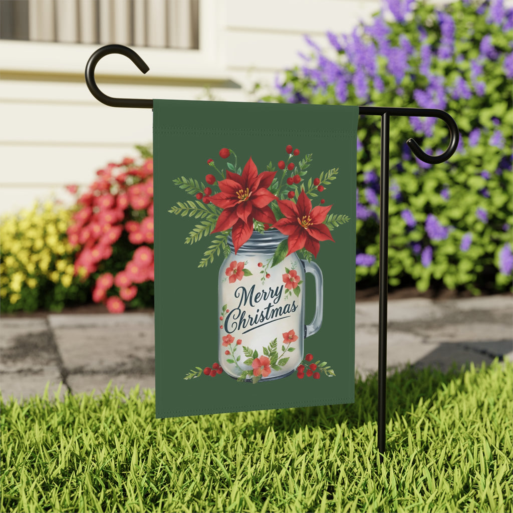 Merry Christmas Mason Jar Poinsettia Garden Flag - outdoor display - Dragonfire Gardens