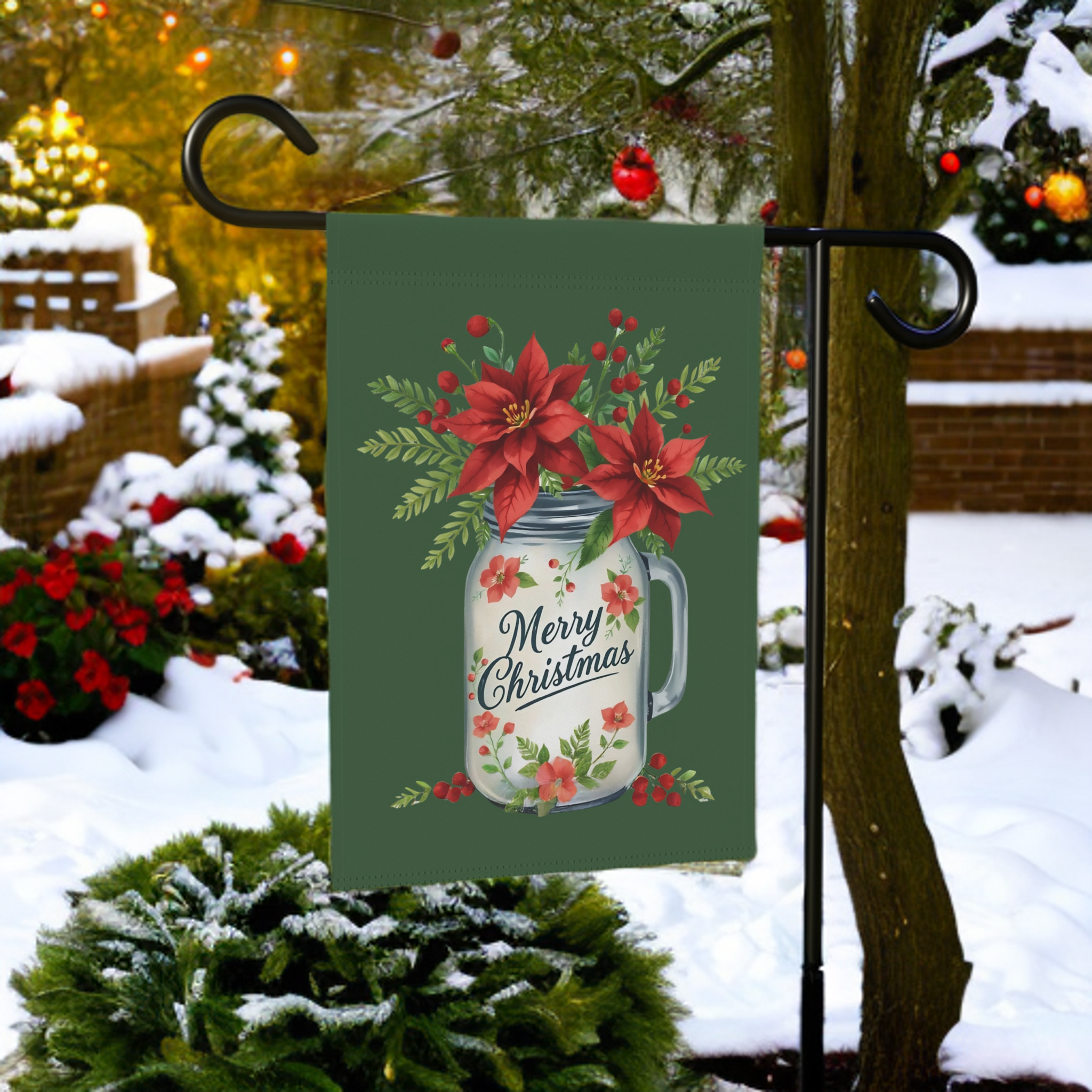 Merry Christmas Mason Jar Poinsettia Garden Flag - size comparison - Dragonfire Gardens