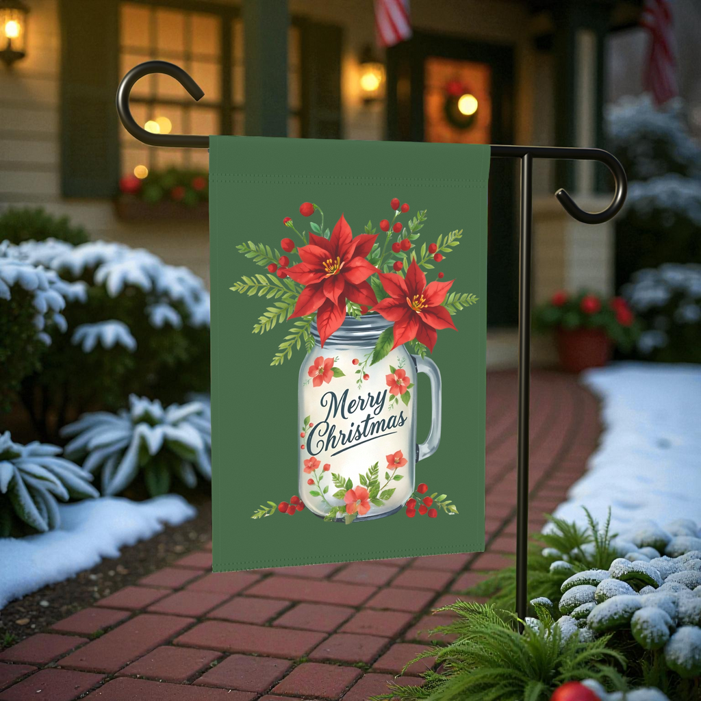 Merry Christmas Mason Jar Poinsettia Garden Flag - front view - Dragonfire Gardens
