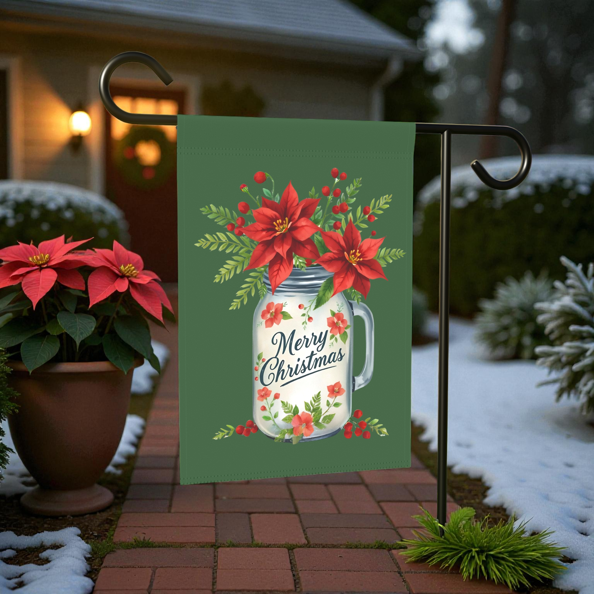 Merry Christmas Mason Jar Poinsettia Garden Flag - lifestyle display - Dragonfire Gardens