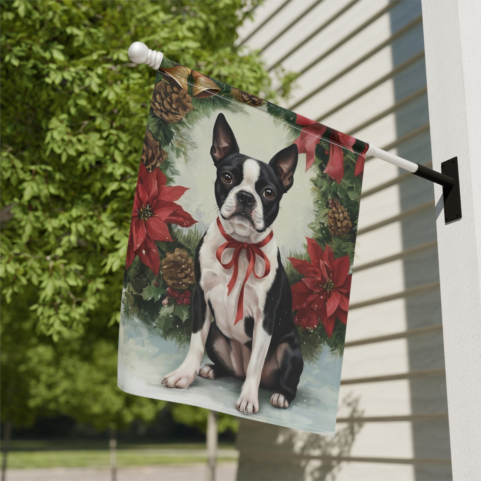 Poinsettia Wreath Boston Terrier Garden Flag - close-up detail - Dragonfire Gardens
