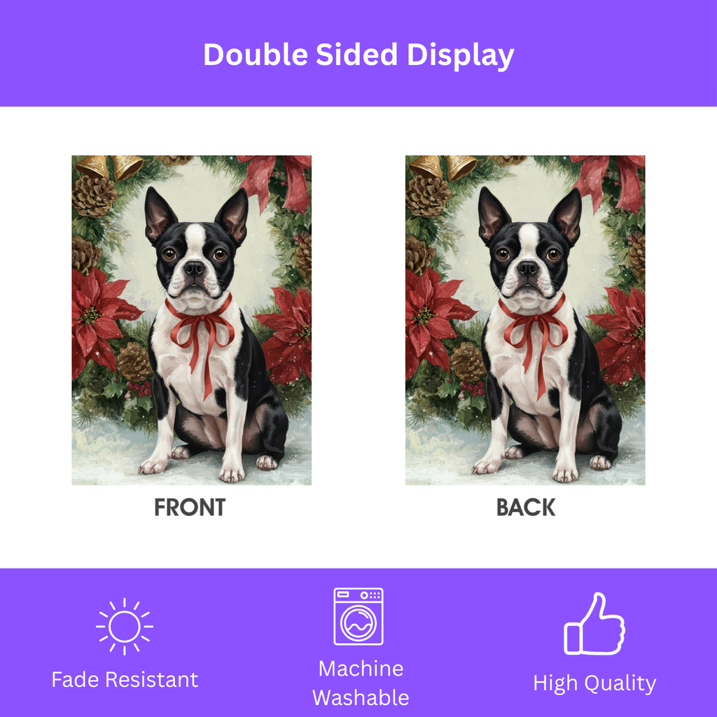 Poinsettia Wreath Boston Terrier Garden Flag - double-sided design - Dragonfire Gardens