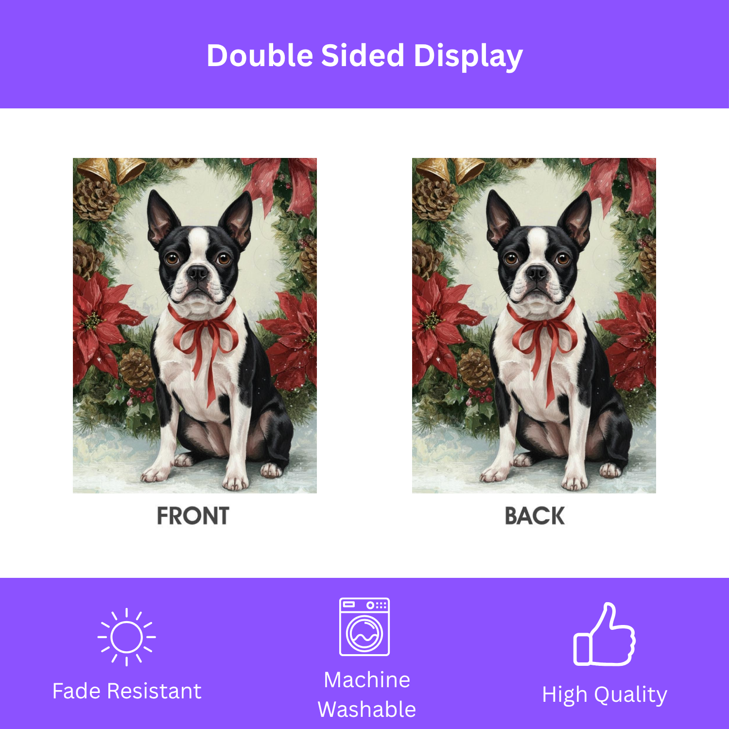 Poinsettia Wreath Boston Terrier Garden Flag - double-sided design - Dragonfire Gardens