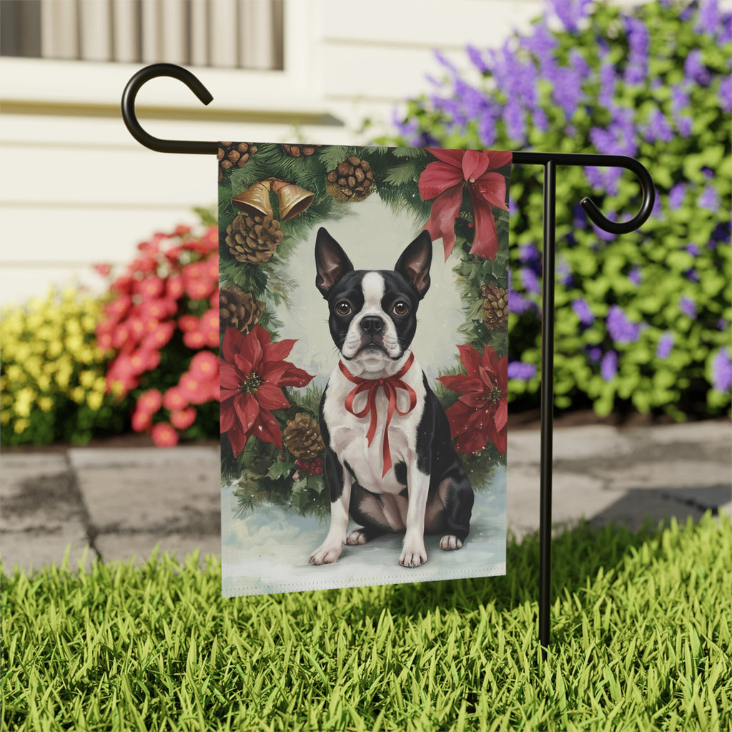 Poinsettia Wreath Boston Terrier Garden Flag - outdoor display - Dragonfire Gardens