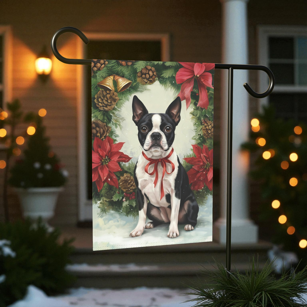 Poinsettia Wreath Boston Terrier Garden Flag - front view - Dragonfire Gardens