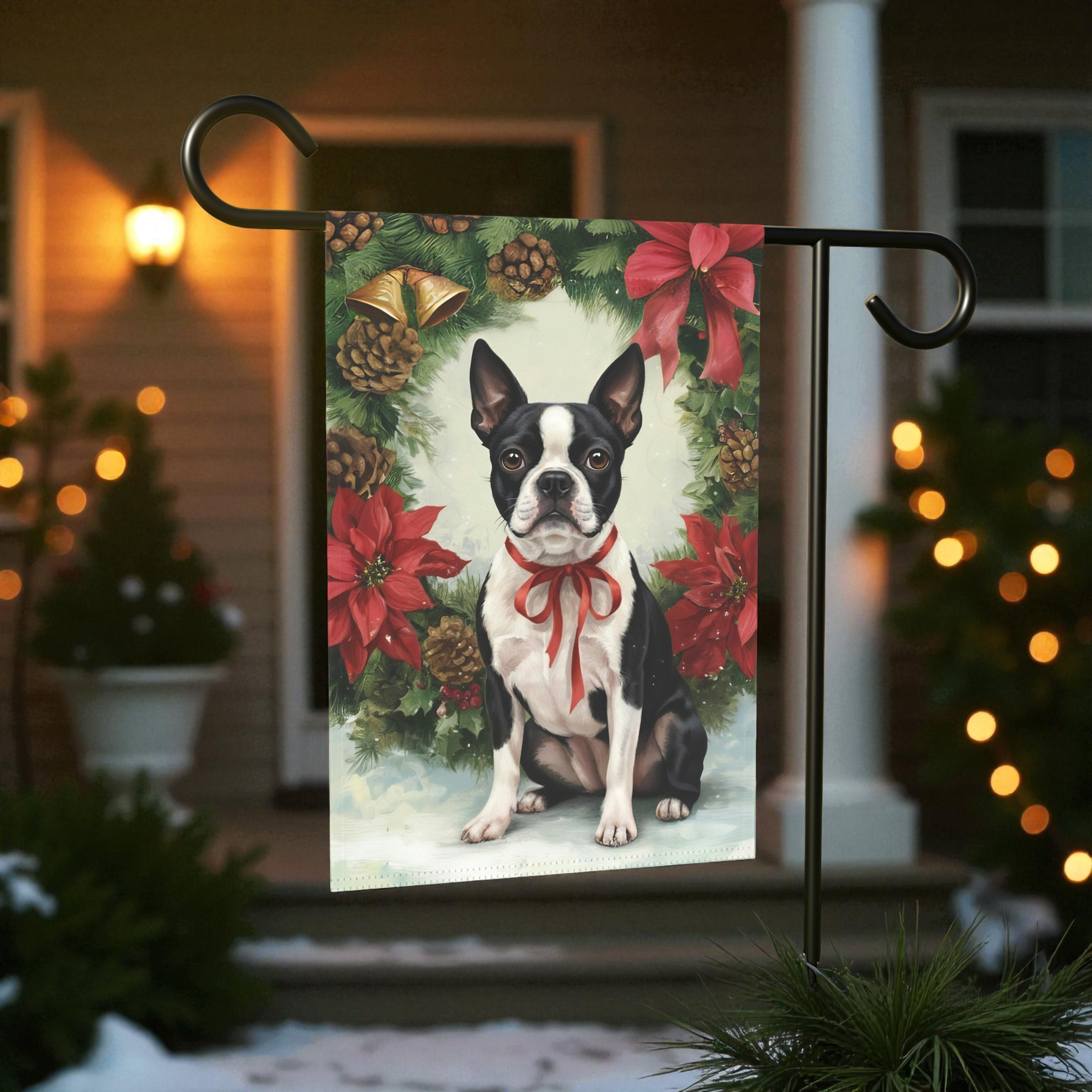 Poinsettia Wreath Boston Terrier Garden Flag - front view - Dragonfire Gardens