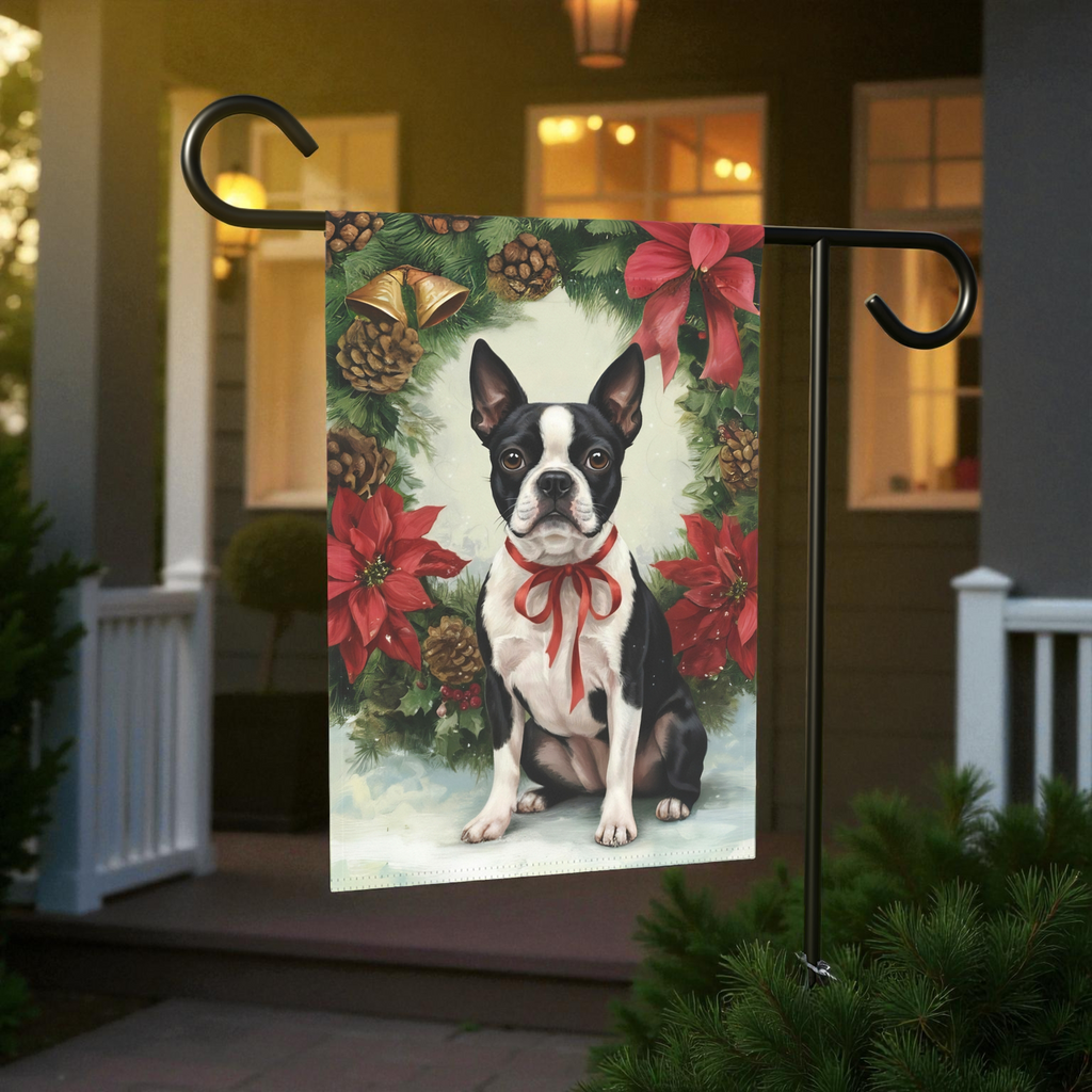 Poinsettia Wreath Boston Terrier Garden Flag - size comparison - Dragonfire Gardens