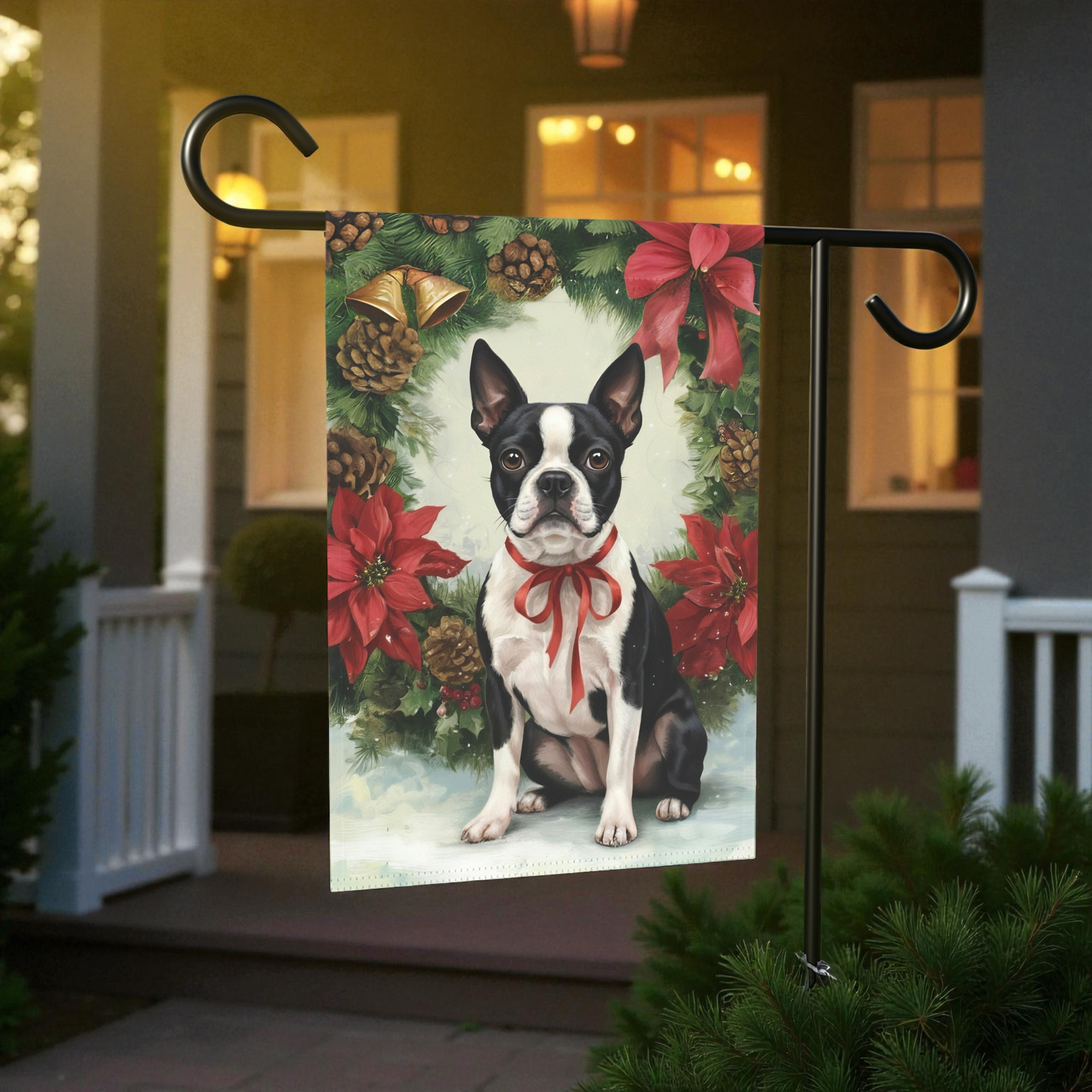 Poinsettia Wreath Boston Terrier Garden Flag - size comparison - Dragonfire Gardens