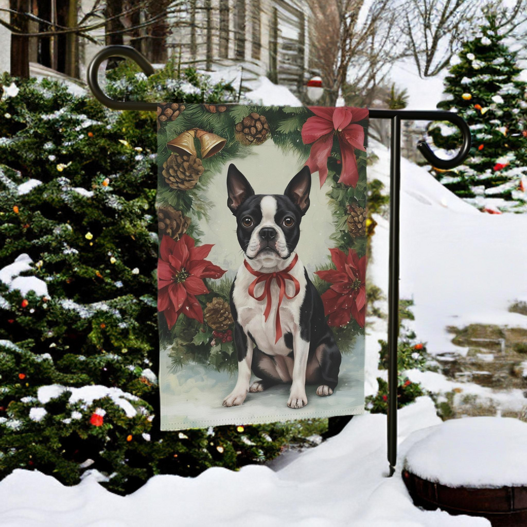 Poinsettia Wreath Boston Terrier Garden Flag - lifestyle display - Dragonfire Gardens