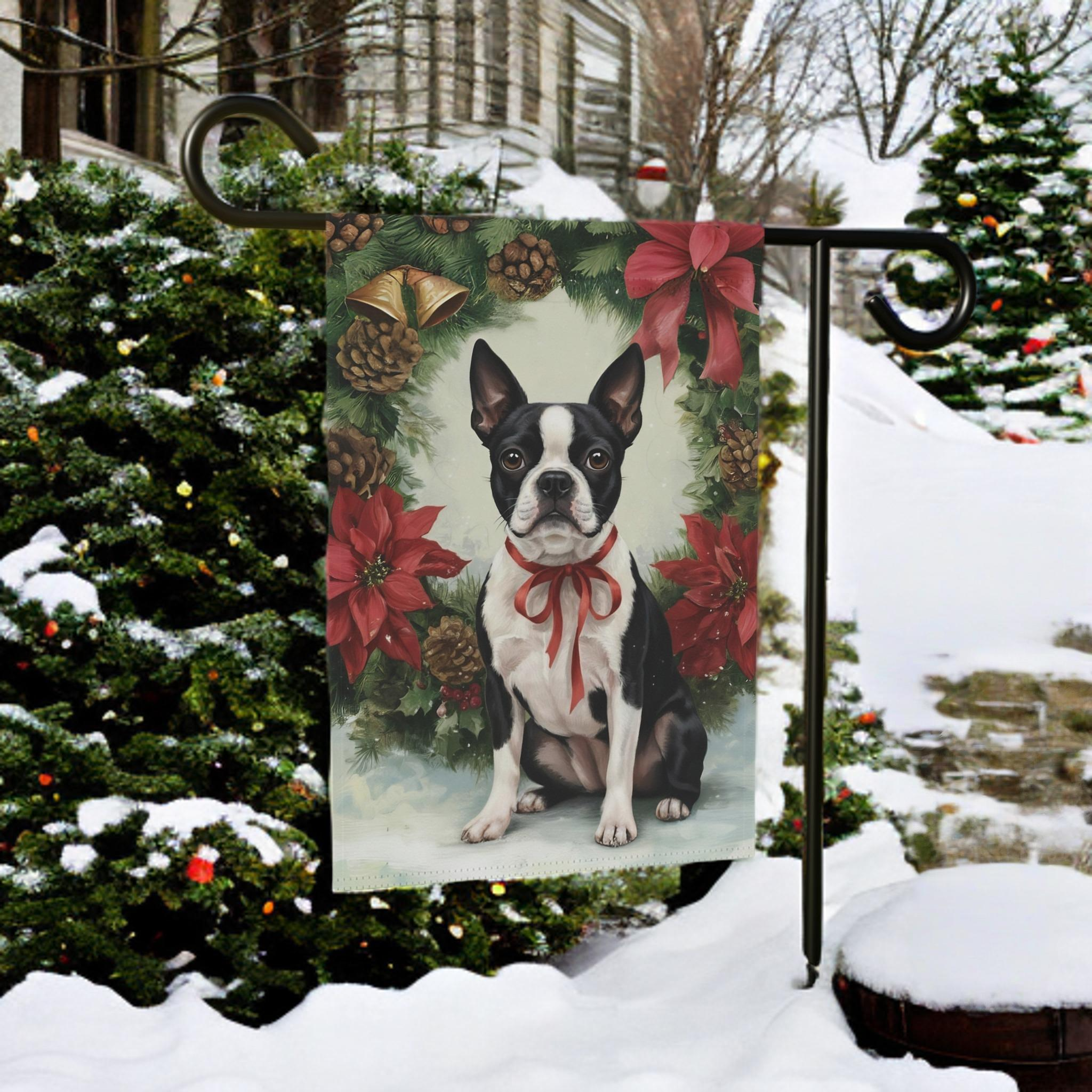 Poinsettia Wreath Boston Terrier Garden Flag - lifestyle display - Dragonfire Gardens
