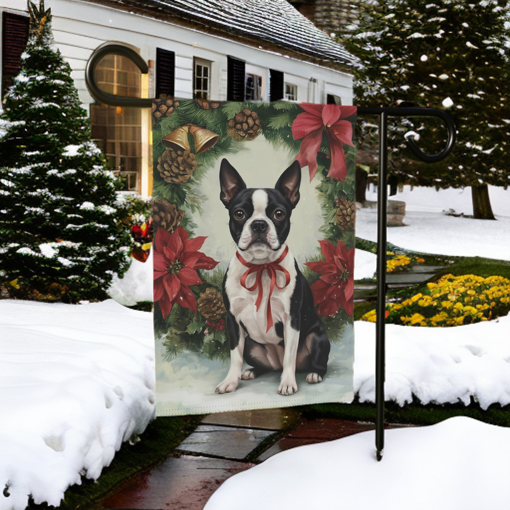 Poinsettia Wreath Boston Terrier Garden Flag - product detail - Dragonfire Gardens