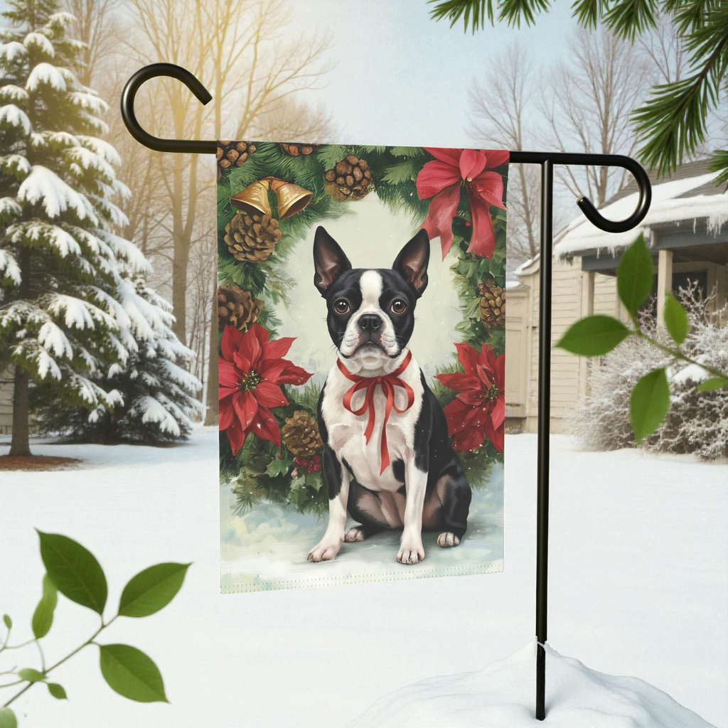 Poinsettia Wreath Boston Terrier Garden Flag - banner view - Dragonfire Gardens