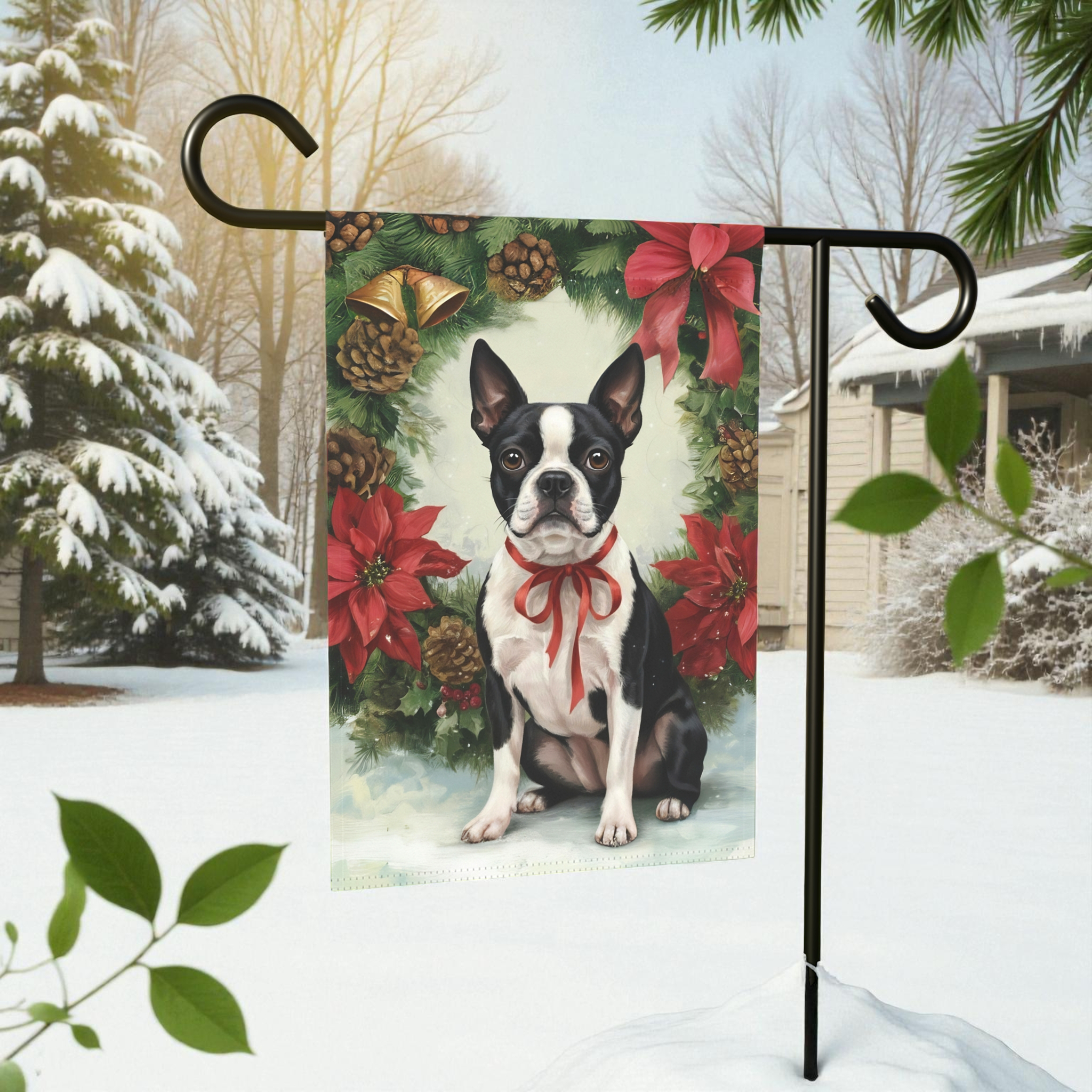 Poinsettia Wreath Boston Terrier Garden Flag - banner view - Dragonfire Gardens