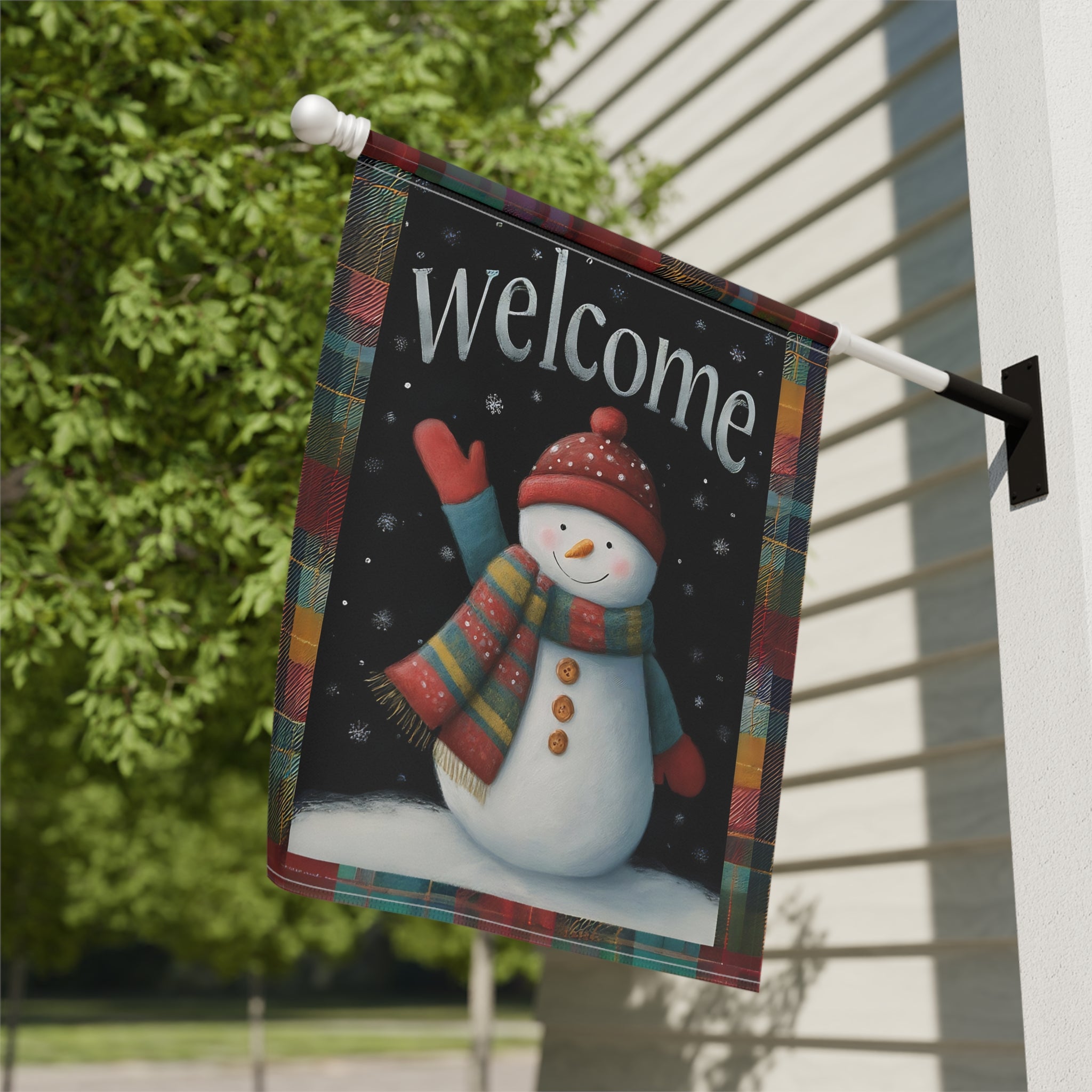 Red Hat Snowman Welcome Garden Flag - close-up detail - Dragonfire Gardens