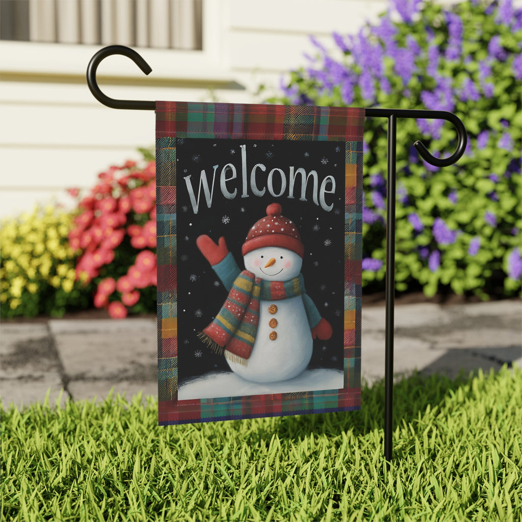 Red Hat Snowman Welcome Garden Flag - outdoor display - Dragonfire Gardens