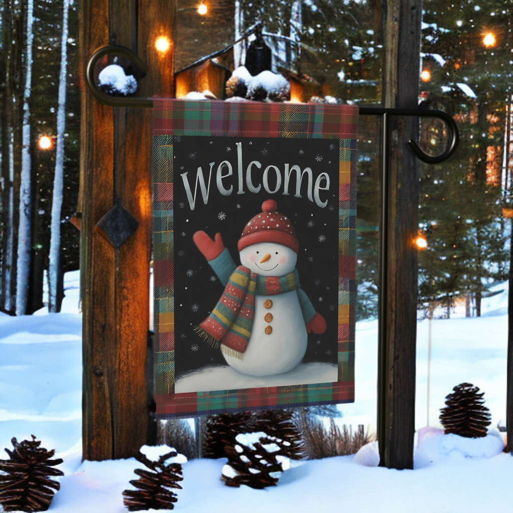 Red Hat Snowman Welcome Garden Flag - lifestyle display - Dragonfire Gardens