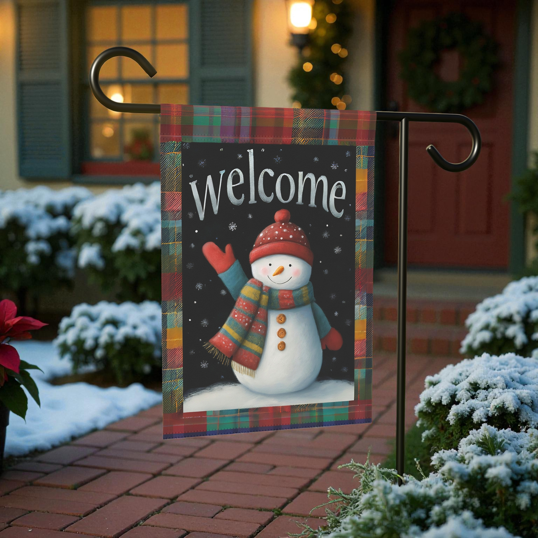Red Hat Snowman Welcome Garden Flag - size comparison - Dragonfire Gardens