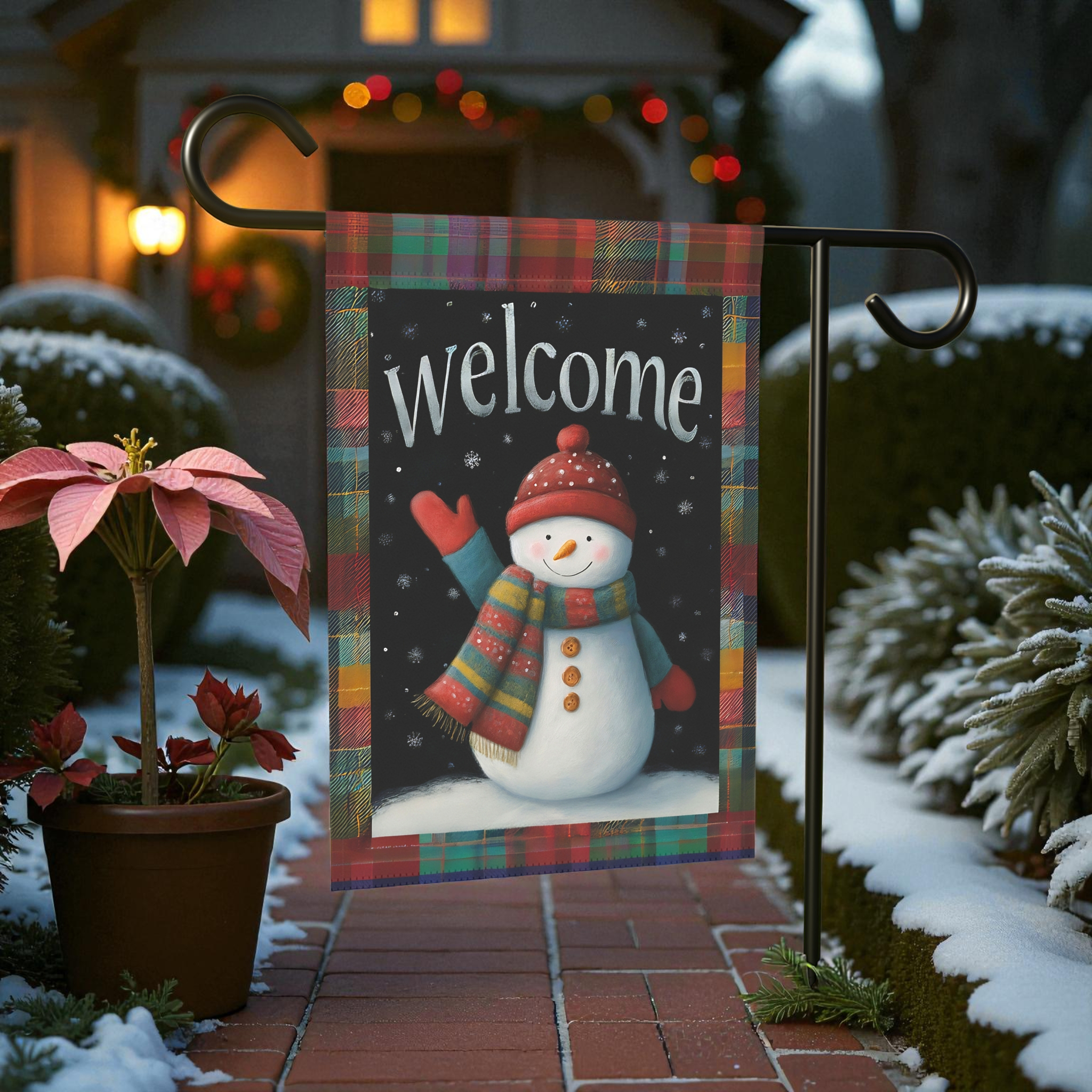Red Hat Snowman Welcome Garden Flag - front view - Dragonfire Gardens