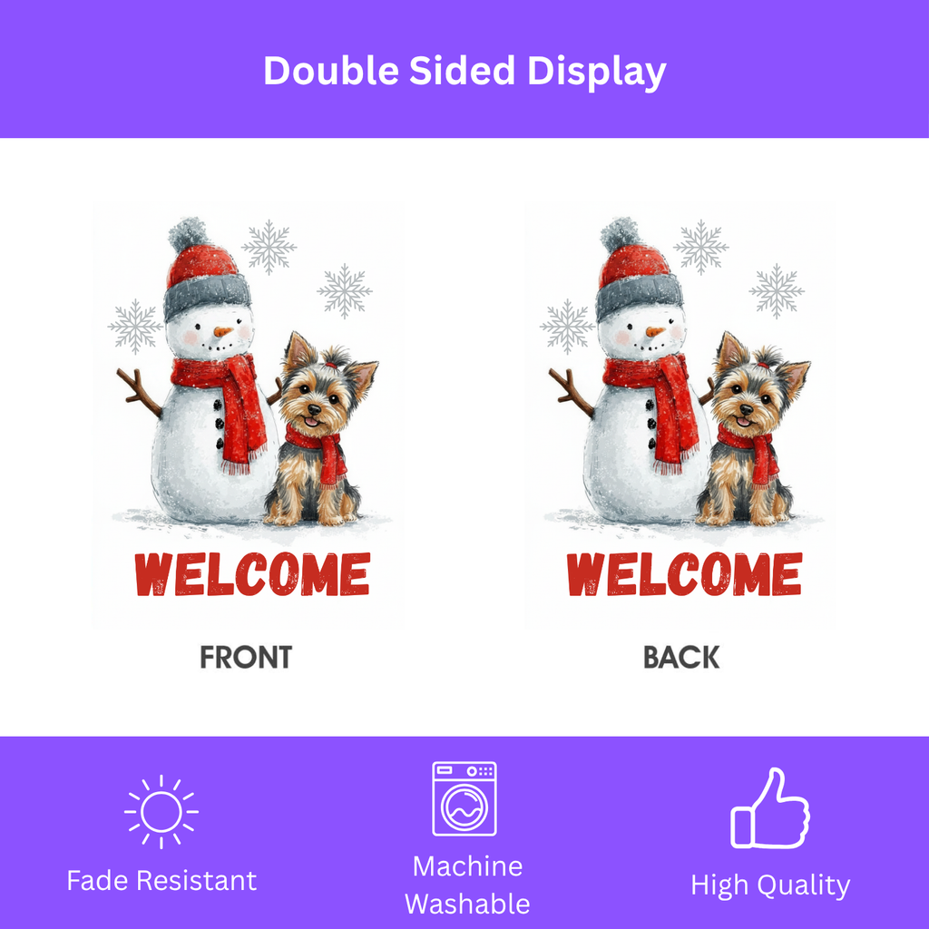 Yorkshire Terrier and Snowman Welcome Garden Flag - double-sided design - Dragonfire Gardens