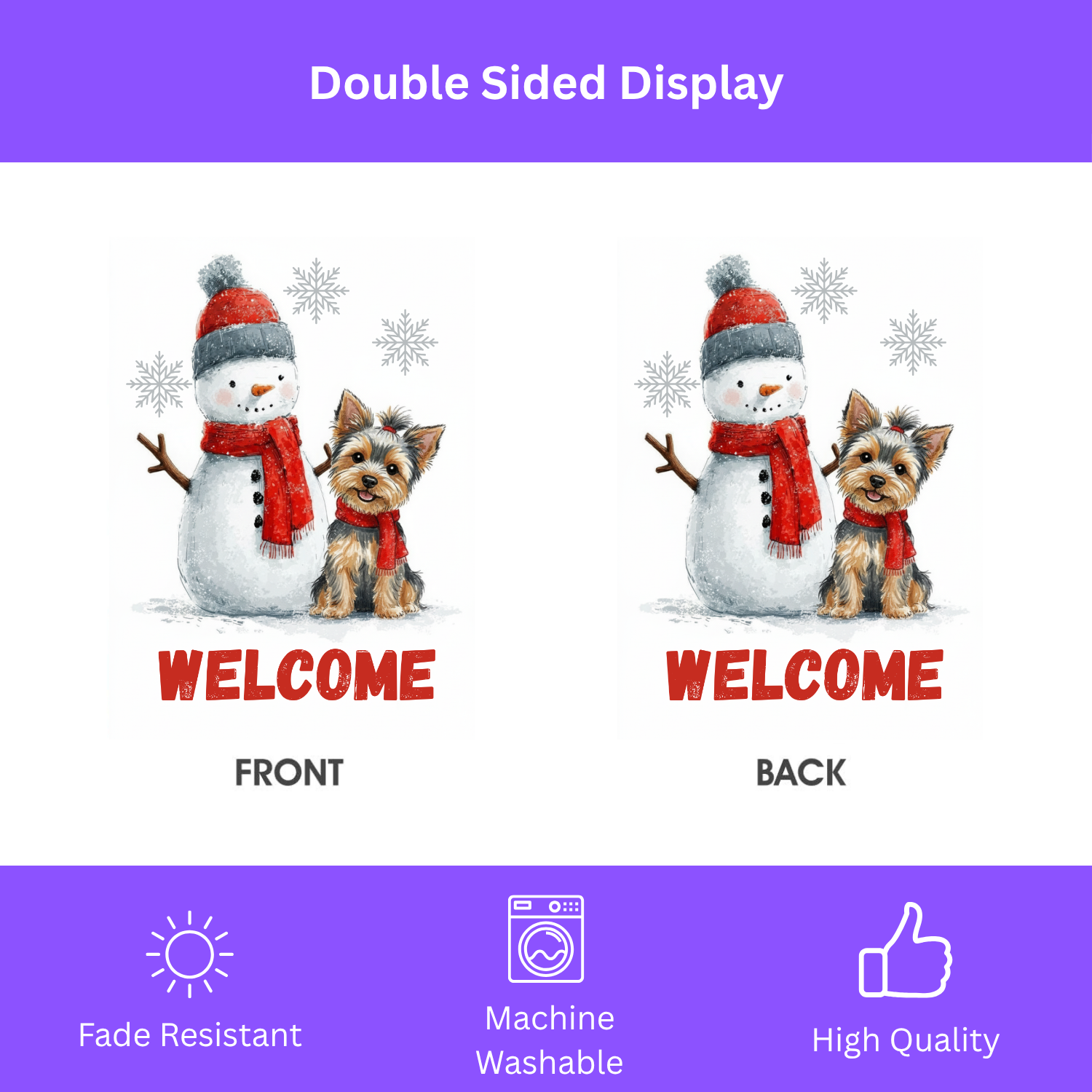 Yorkshire Terrier and Snowman Welcome Garden Flag - double-sided design - Dragonfire Gardens