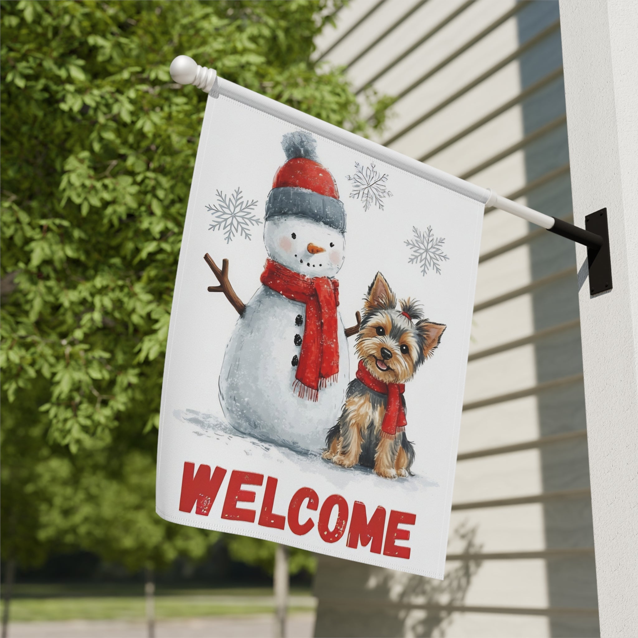 Yorkshire Terrier and Snowman Welcome Garden Flag - close-up detail - Dragonfire Gardens