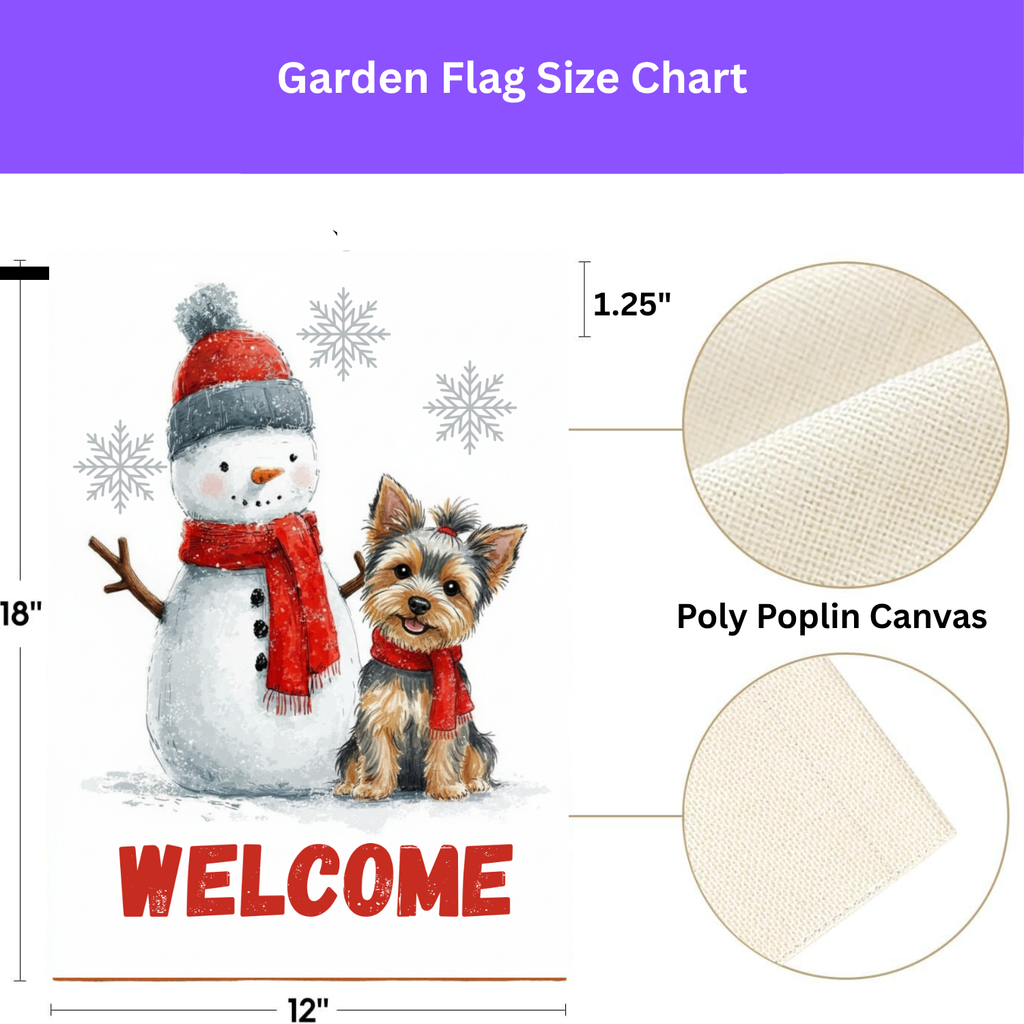 Yorkshire Terrier and Snowman Welcome Garden Flag - porch decor - Dragonfire Gardens