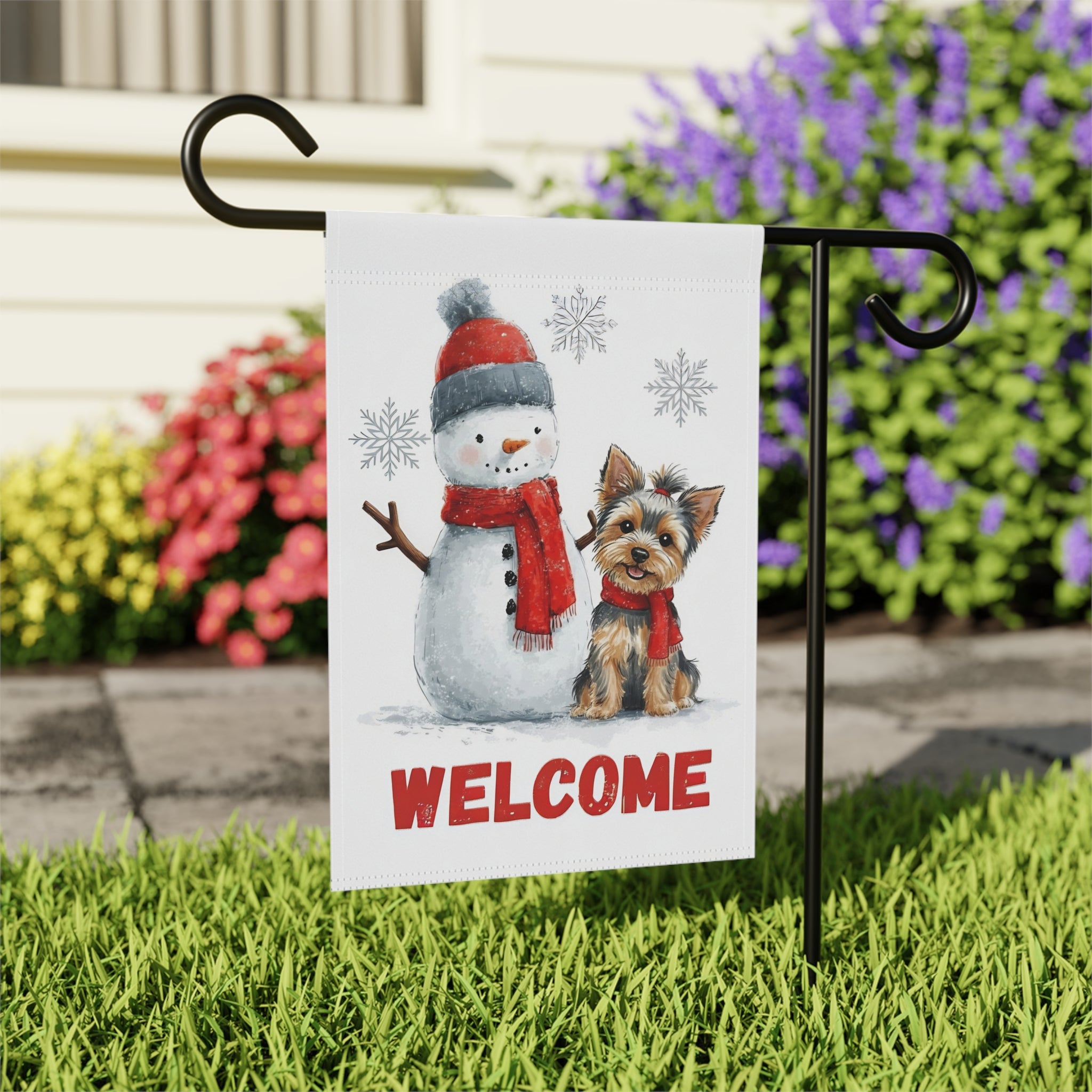Yorkshire Terrier and Snowman Welcome Garden Flag - outdoor display - Dragonfire Gardens