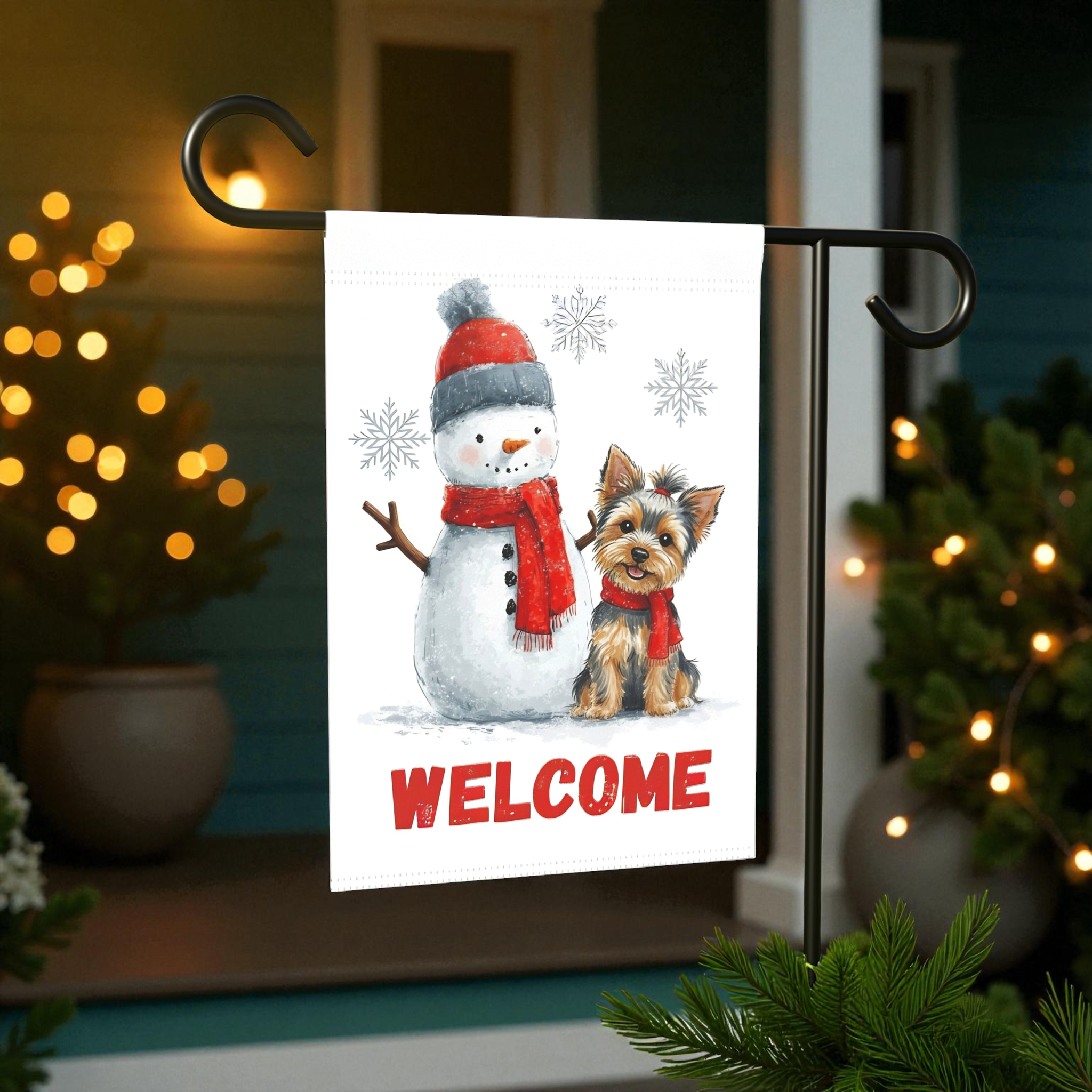 Yorkshire Terrier and Snowman Welcome Garden Flag - front view - Dragonfire Gardens