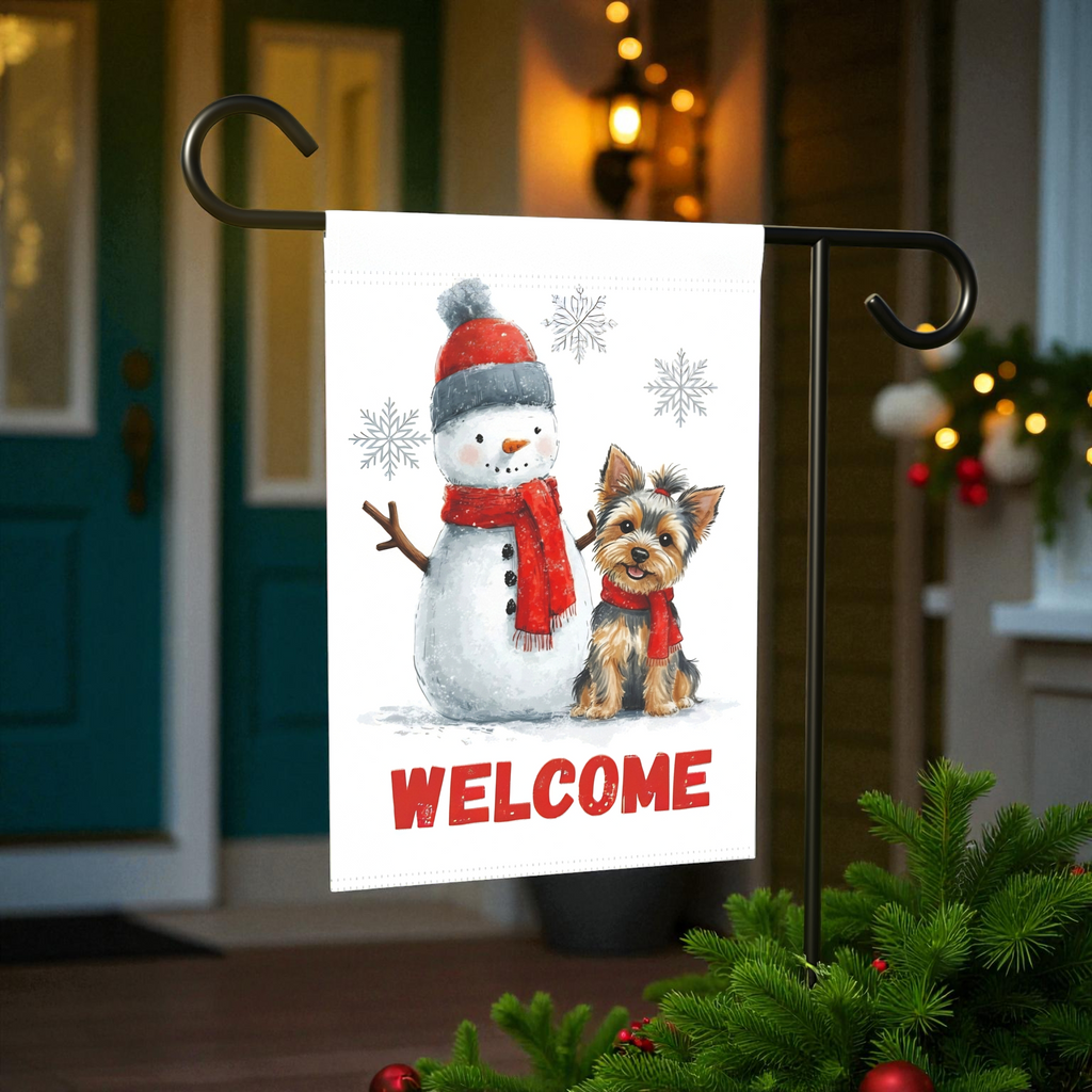 Yorkshire Terrier and Snowman Welcome Garden Flag - size comparison - Dragonfire Gardens