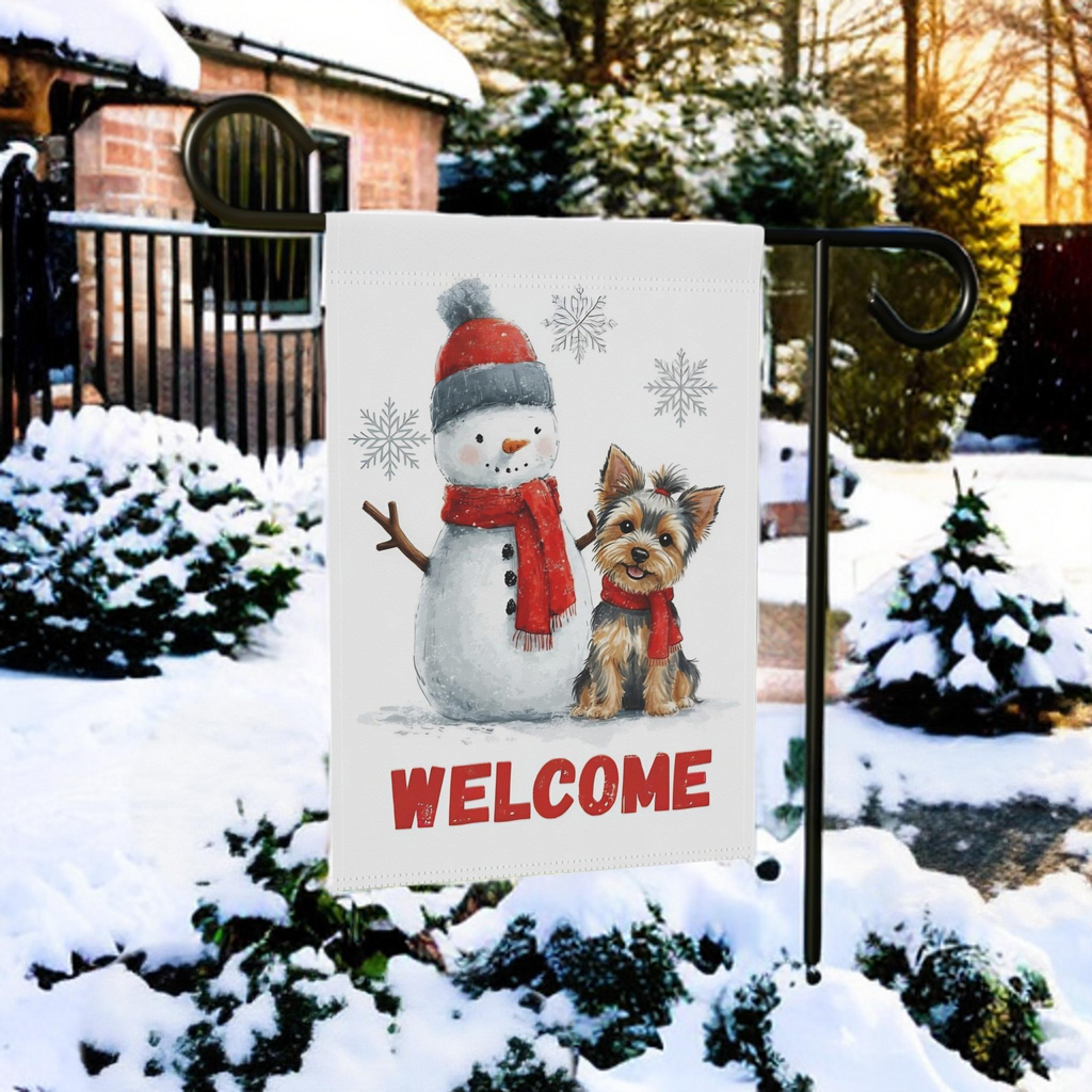 Yorkshire Terrier and Snowman Welcome Garden Flag - lifestyle display - Dragonfire Gardens