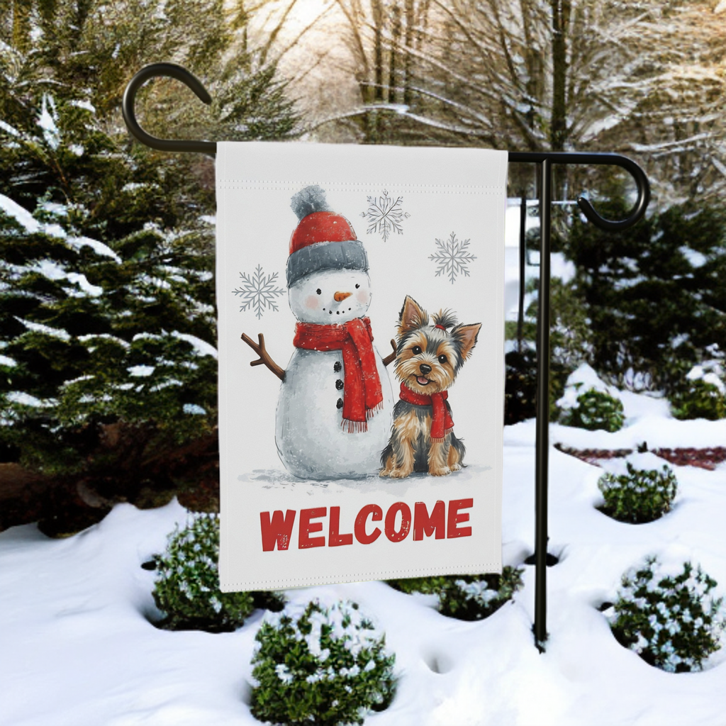 Yorkshire Terrier and Snowman Welcome Garden Flag - product detail - Dragonfire Gardens