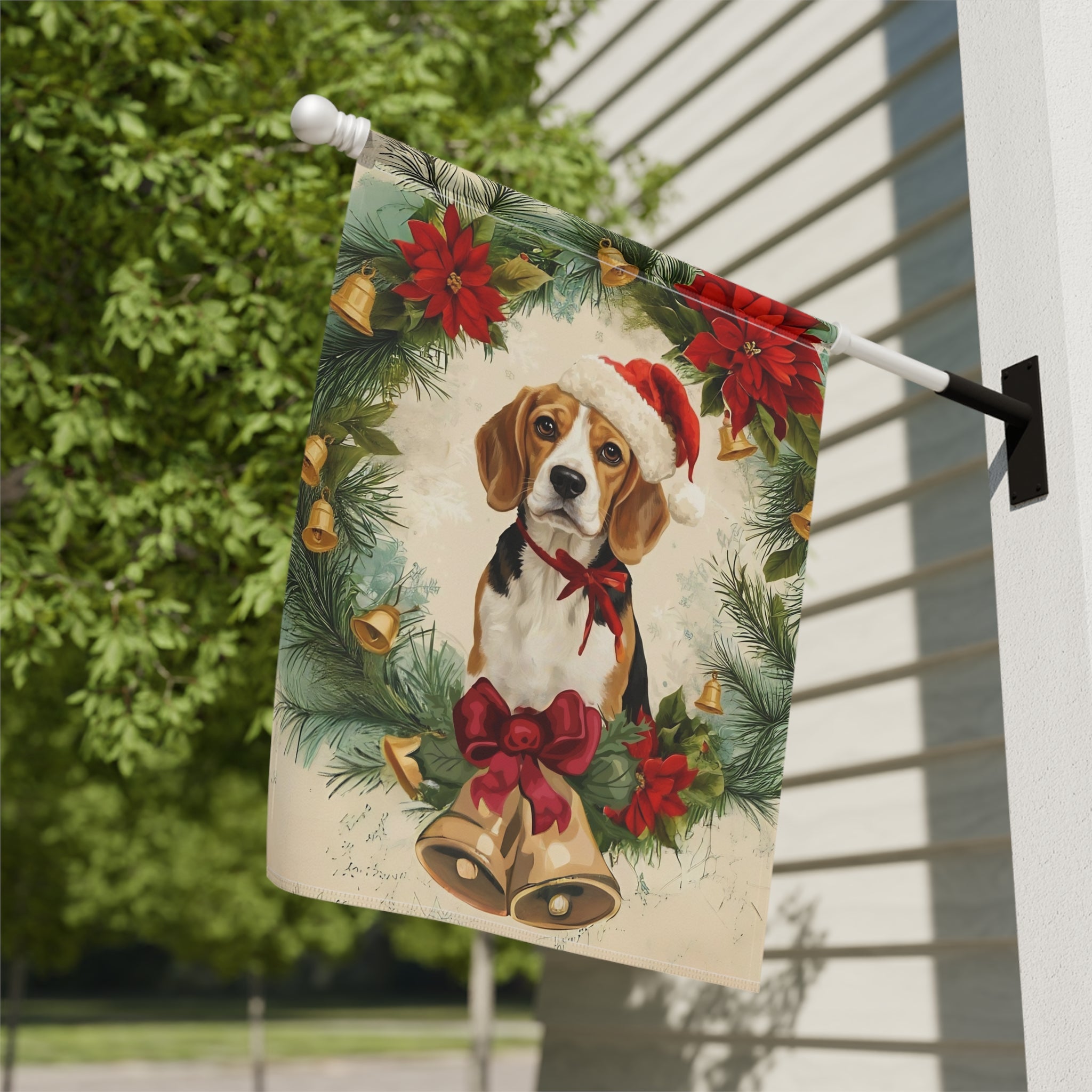 Poinsettia Beagle Christmas Garden Flag - close-up detail - Dragonfire Gardens