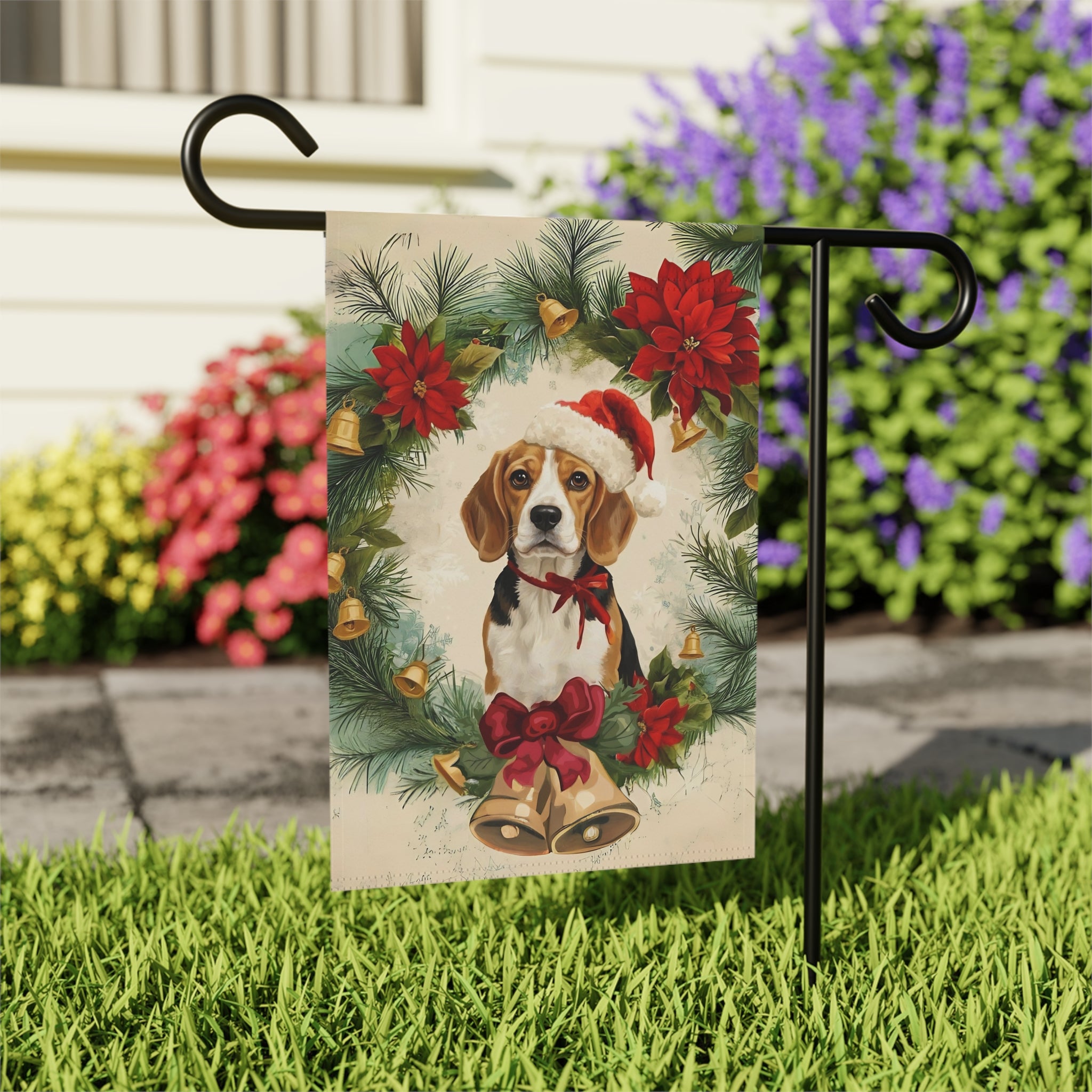 Poinsettia Beagle Christmas Garden Flag - outdoor display - Dragonfire Gardens