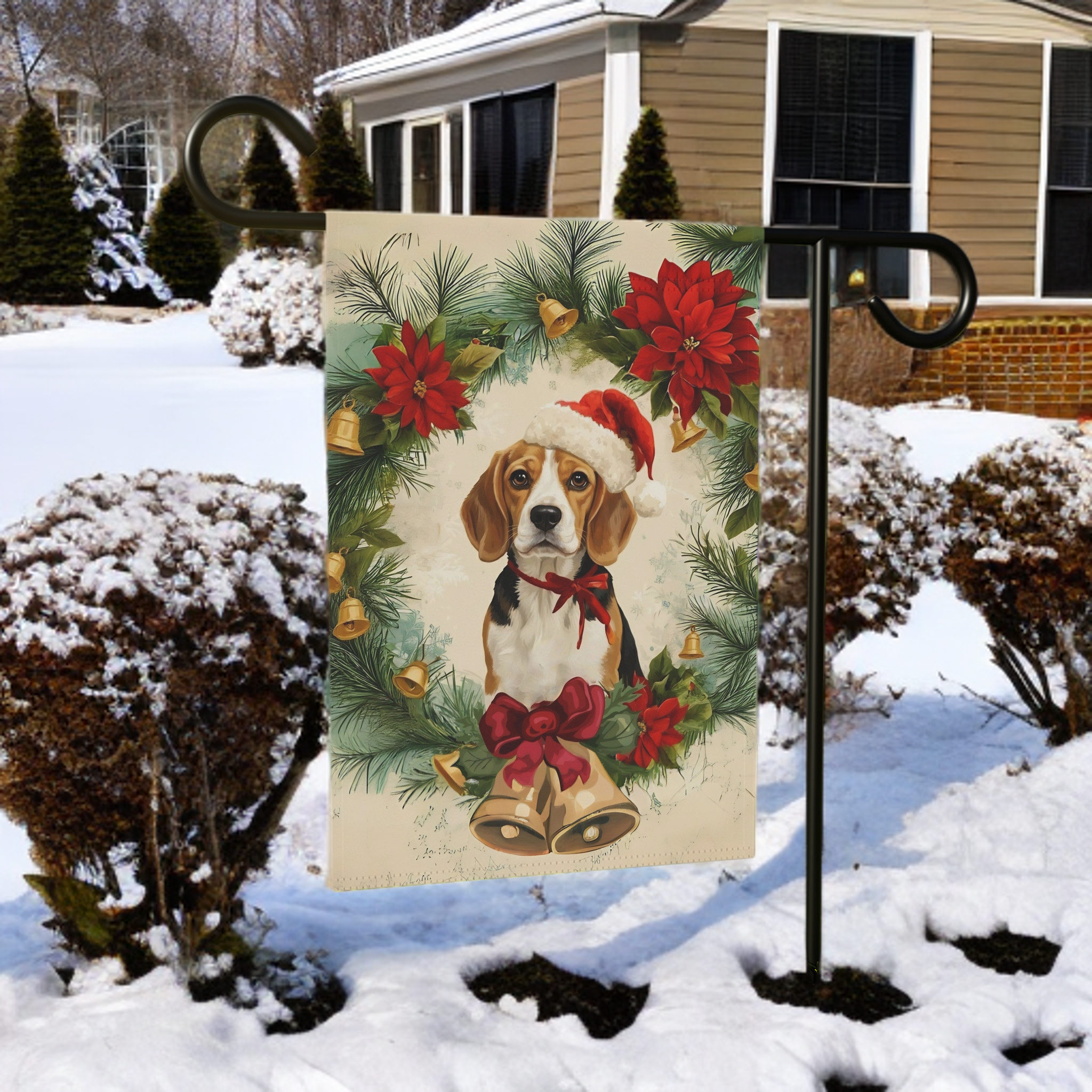 Poinsettia Beagle Christmas Garden Flag - product detail - Dragonfire Gardens